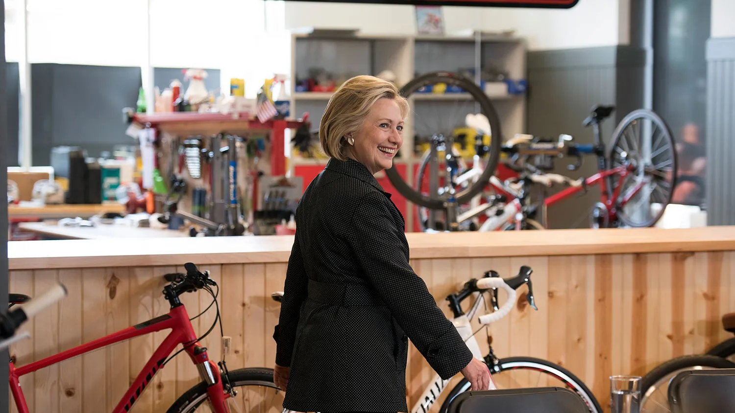Hillary Clinton, former secretary of state and U.S. presidential candidate, speaks during a small business roundtable discussion at Bike Tech in Cedar Falls, Iowa, U.S., on Saturday, May 16, 2015. *** Local Caption *** Hillary Clinton
