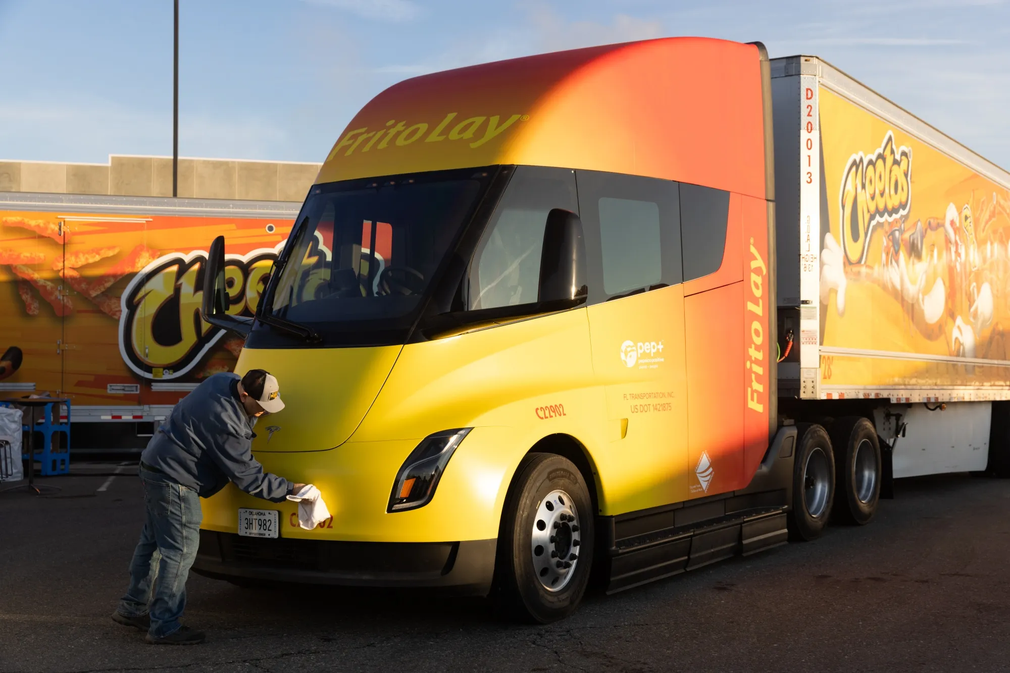 A worker cleans a Tesla Semi outside PepsiCo’s Frito-Lay manufacturing facility in Modesto, California, last month.
