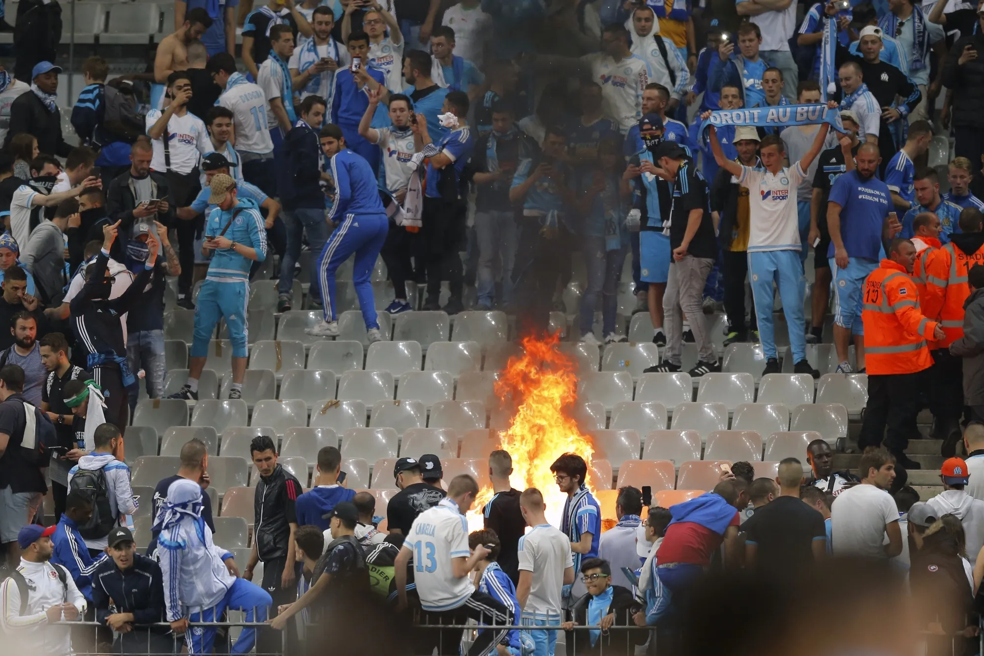 Fans light a fire after a French Cup final soccer match on May 21.
