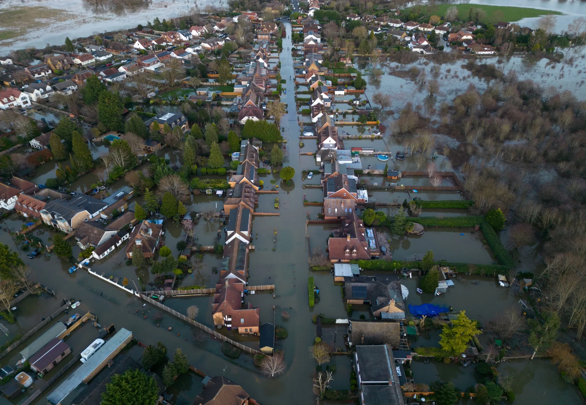 Floodwater surrounding homes and houses on a residential street in Wraysbury, west of London.