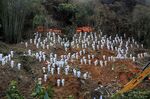 TOPSHOT - This photo taken on March 27, 2022 shows rescuers standing in a silent tribute for victims at the site of the China Eastern Airlines plane crash in Tengxian county, Wuzhou city, in China's southern Guangxi region.
(Photo by CNS / AFP) / China OUT (Photo by -/CNS/AFP via Getty Images)
