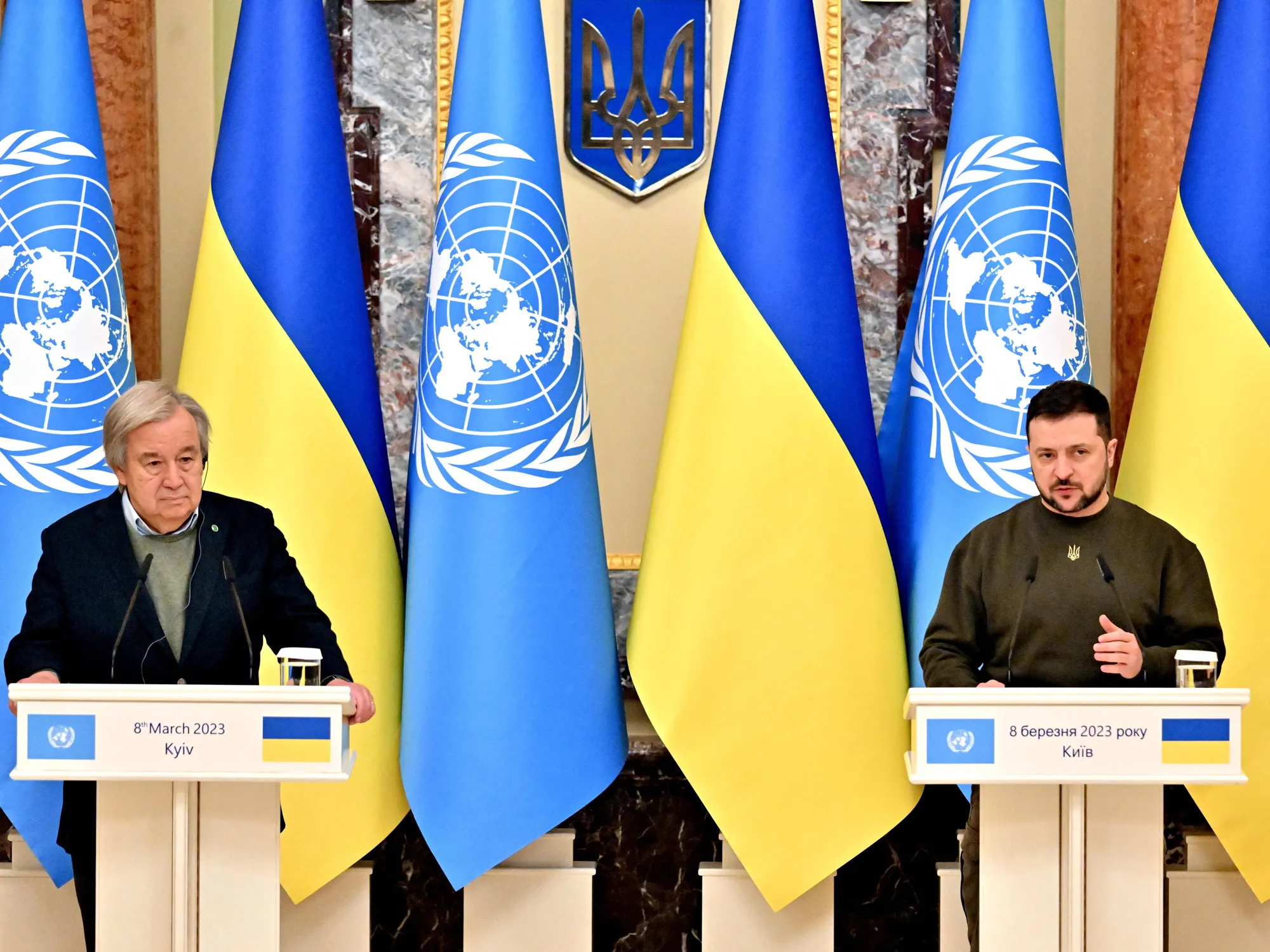 Volodymyr Zelenskiy, right, and Antonio Guterres in Kyiv on March 8.