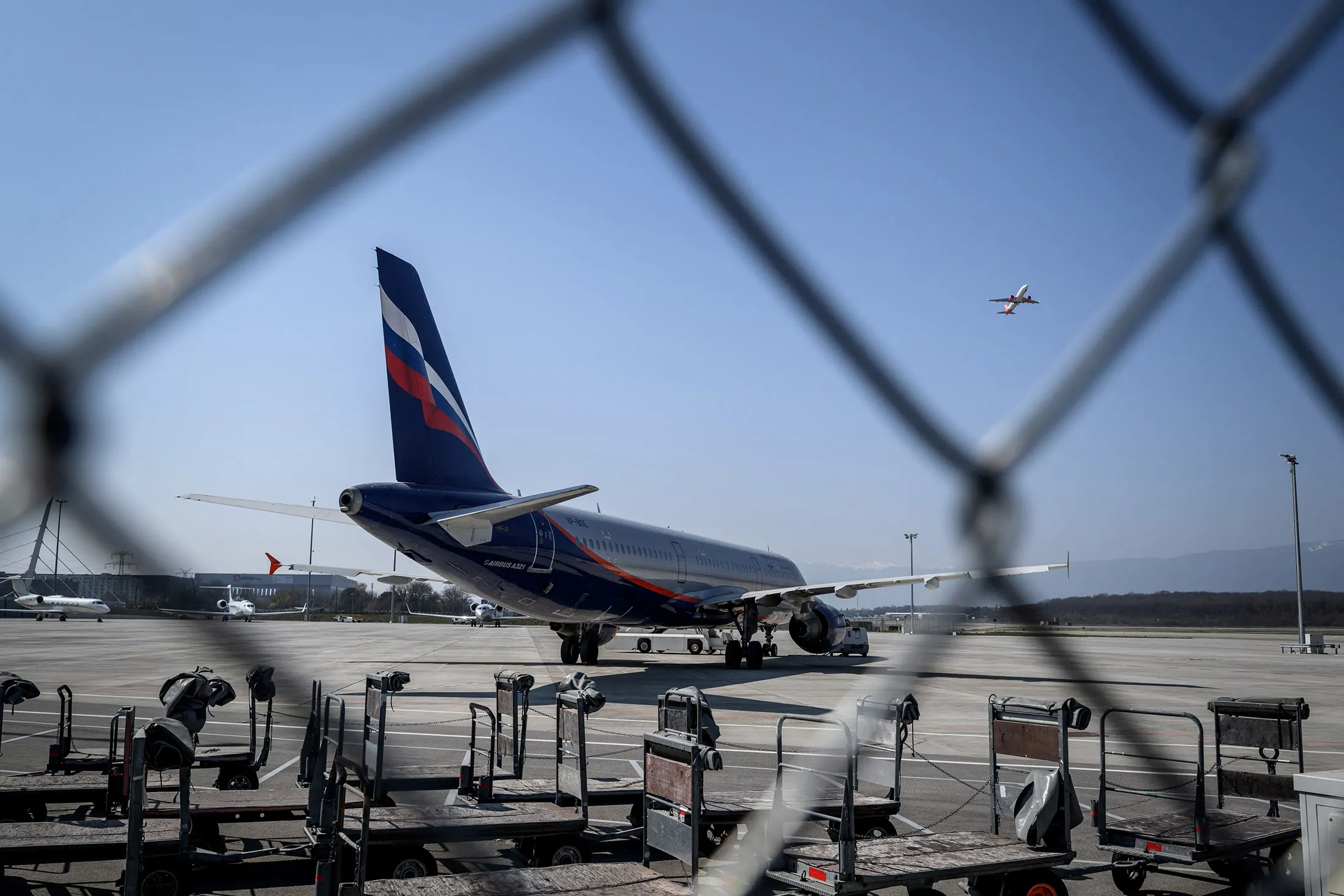 An Airbus A321-211 flown by Aeroflot sits at the Geneva airport on March 25, 2022.