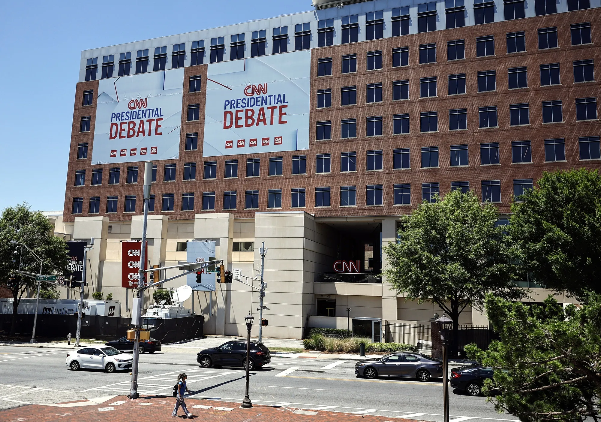 Signs advertising the Presidential debate hosted by CNN outside of the networks’ studios in Atlanta, Georgia, on June 25. 