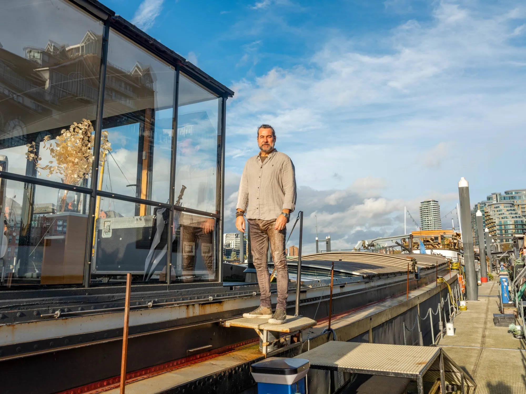 Michael Fox&nbsp;on his 40-meter Dutch barge on the River Thames in London.
