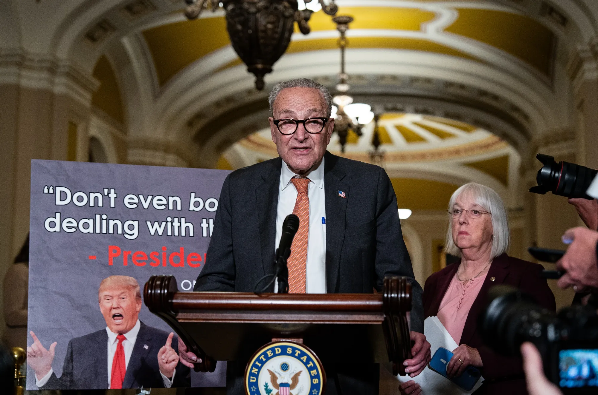 Senate Minority Leader Chuck Schumer and Senator Patty Murray, a Democrat from Washington, during a Sept. 16 news conference.