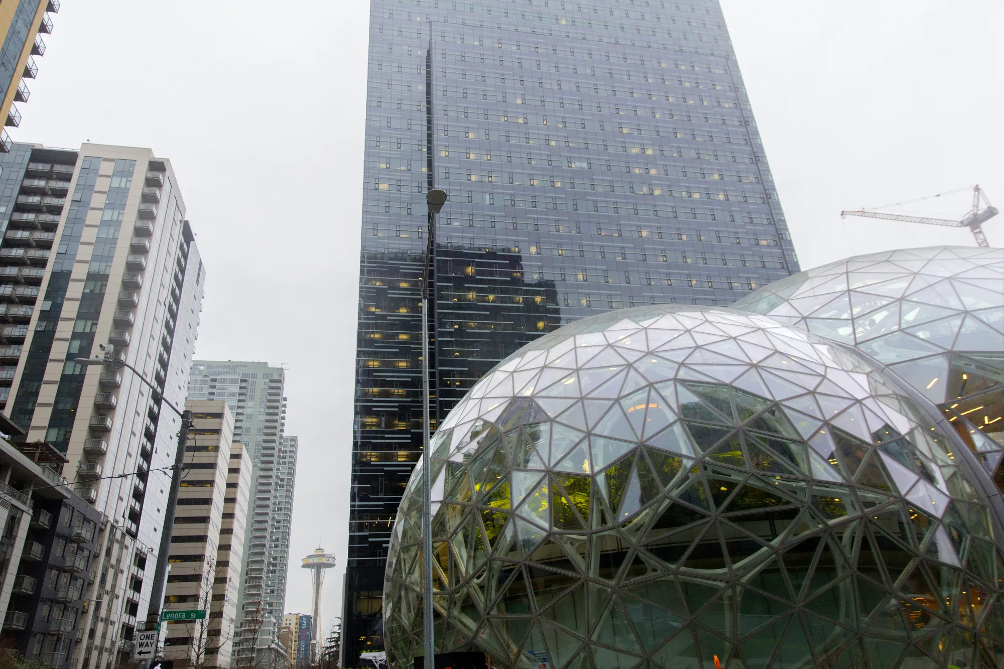 The Seattle Space Needle is seen past&nbsp;Amazon headquarters&nbsp;in Seattle.