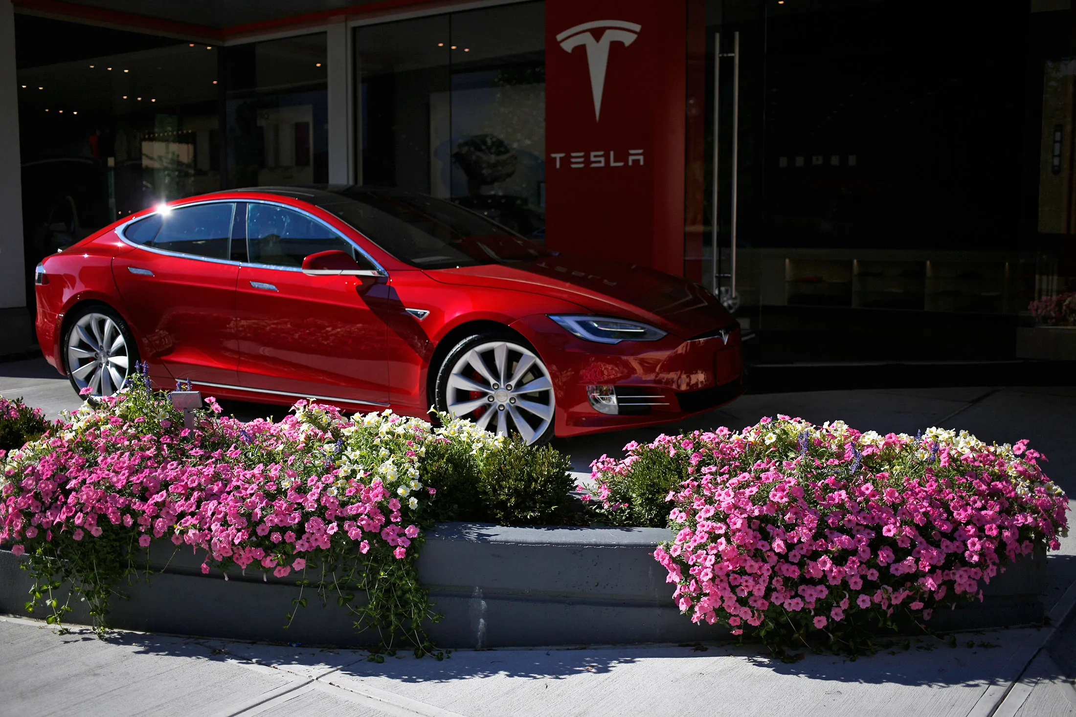 A Tesla Model S on display outside a store at the Easton Town Center shopping mall in Columbus, Ohio.
