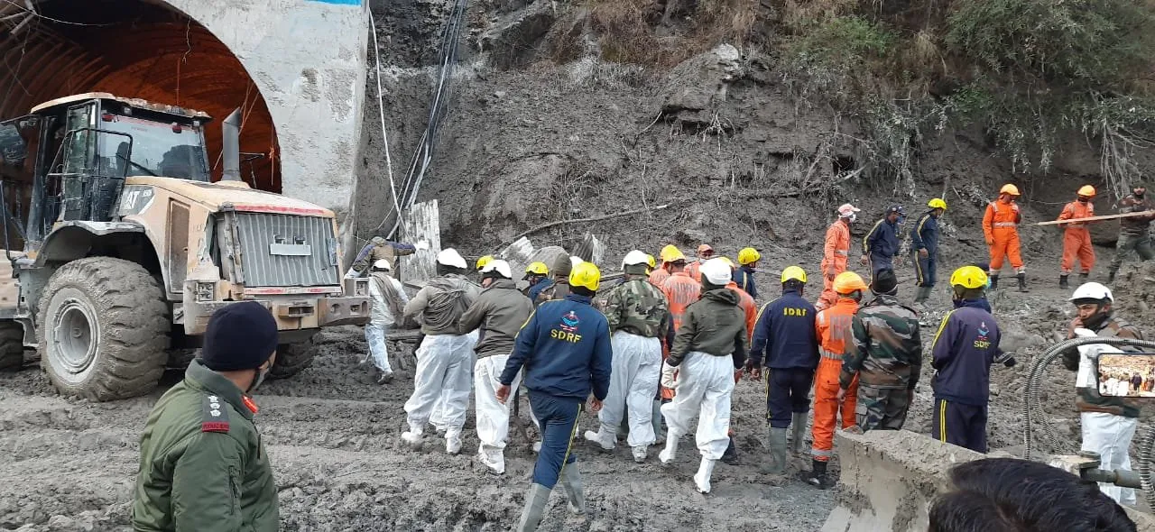 Emergency services at the Tapovan tunnel entrance on Feb. 7.