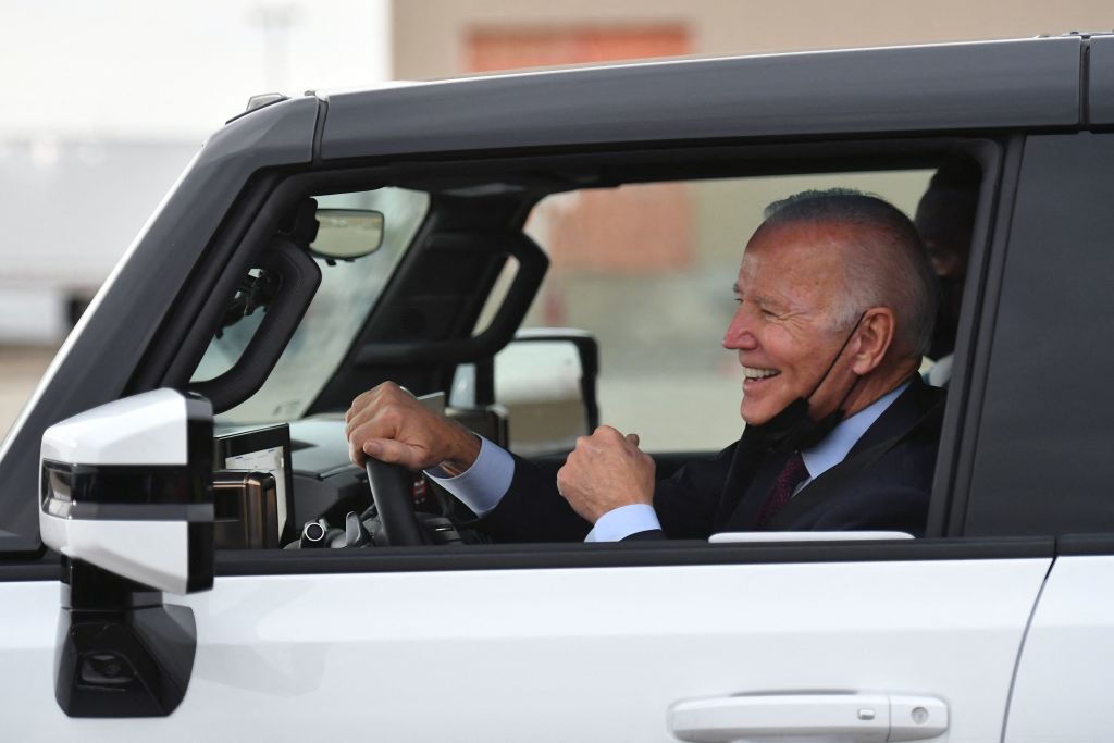 US President Joe Biden test driving&nbsp;an electric GMC Hummer EV in November 2021.