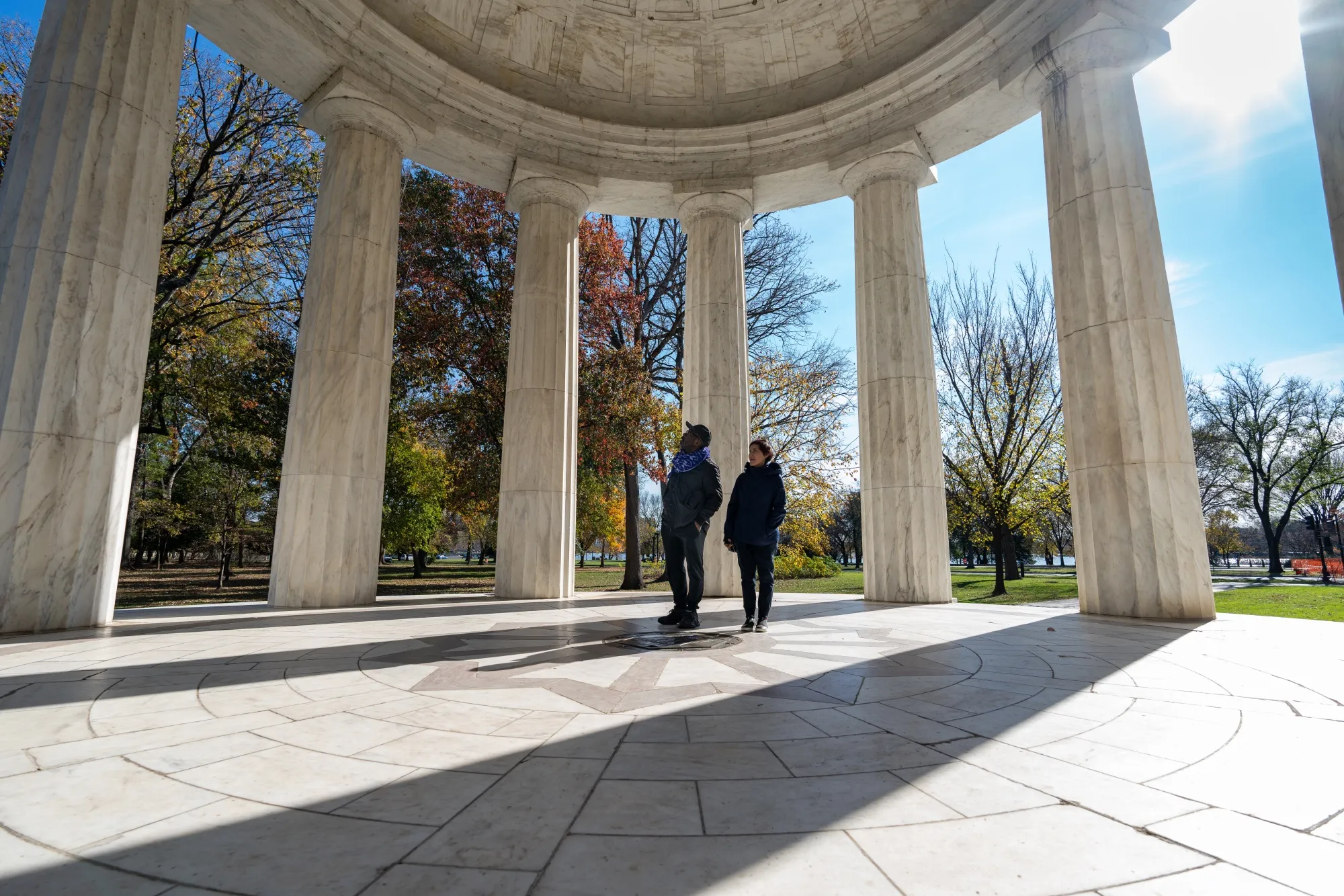 ”Pulling Together” artists Derrick Adams and Tiffany Chung tour the District of Columbia War Memorial, a monument to servicemen and women from Washington, DC, and the city’s only memorial to people from the District.