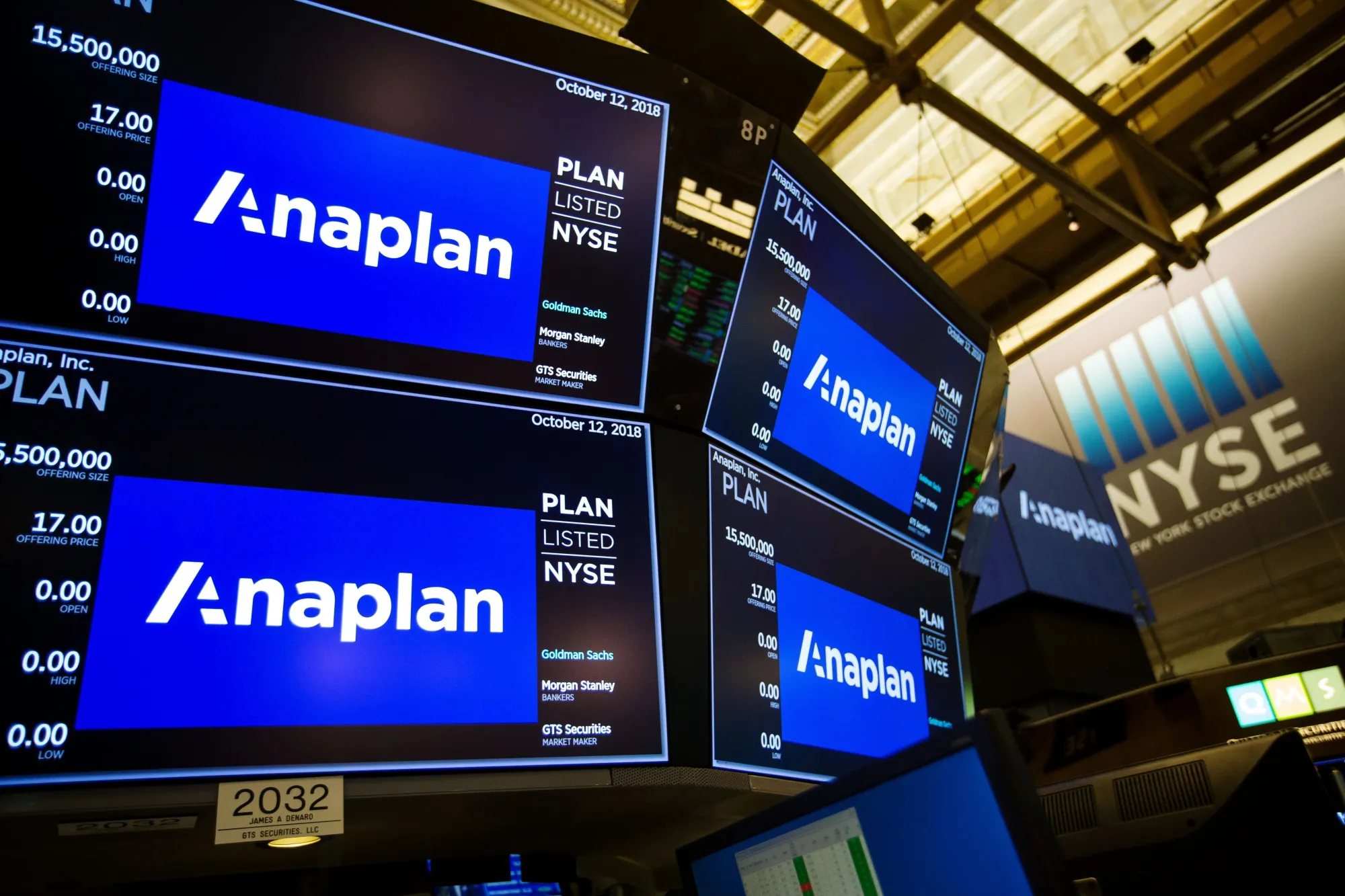 Monitors display Anaplan Inc. on the floor of the New York Stock Exchange.