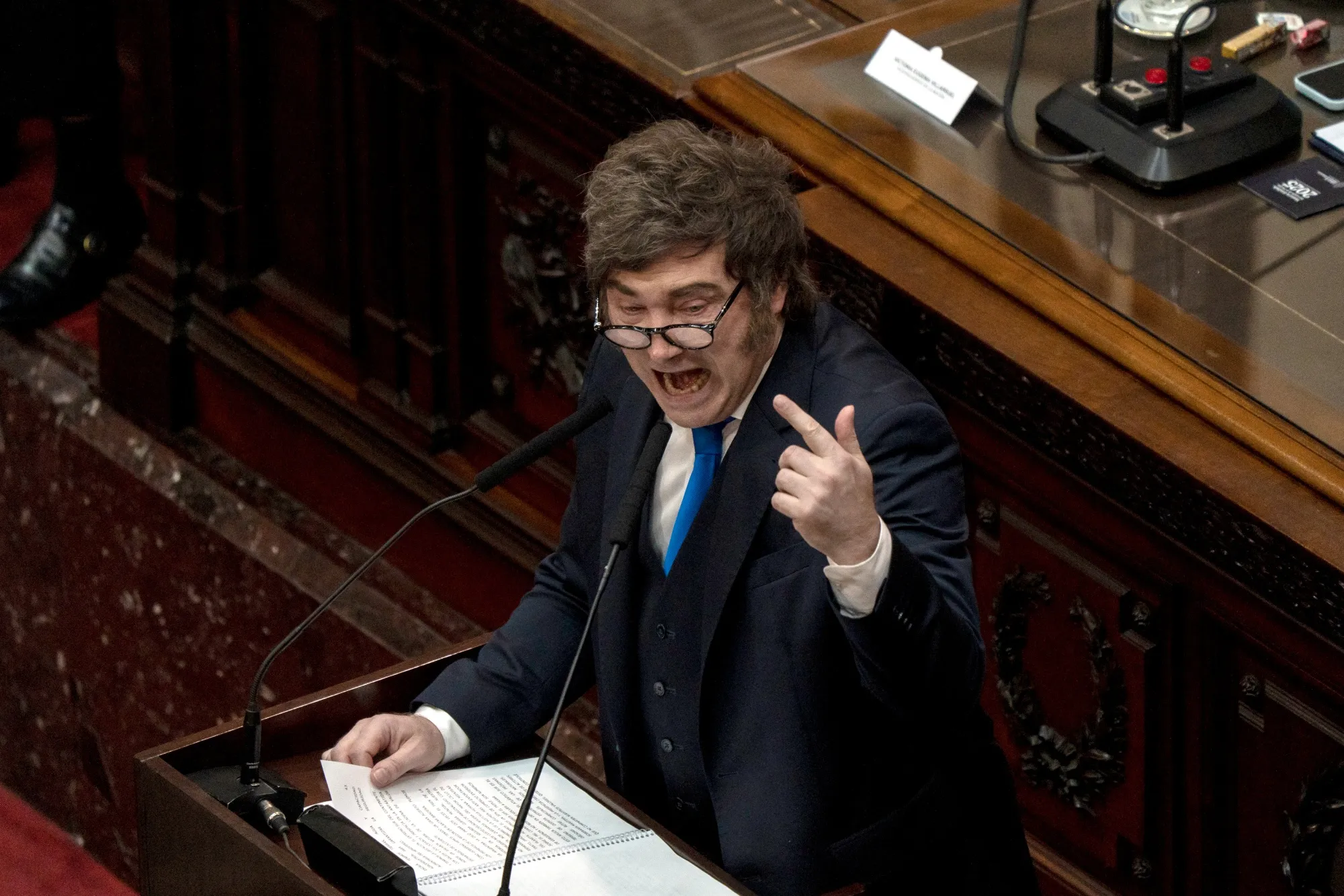 President Javier Milei speaks during an opening session at the National Congress in Buenos Aires on March 1.