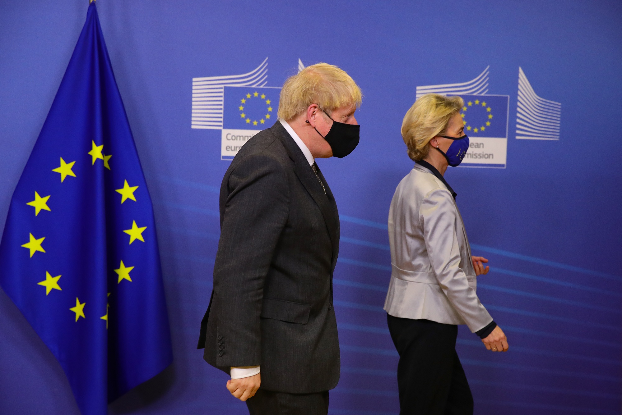 Boris Johnson, U.K. prime minister, left, and Ursula von der Leyen, president of the European Commission, ahead of a dinner meeting at the Berlaymont building in Brussels, Belgium, on Wednesday, Dec. 9, 2020. Johnson is heading into what may be the most important meal of his life: a dinner with the head of the European Commission in Brussels that could make or break a post-Brexit trade deal.