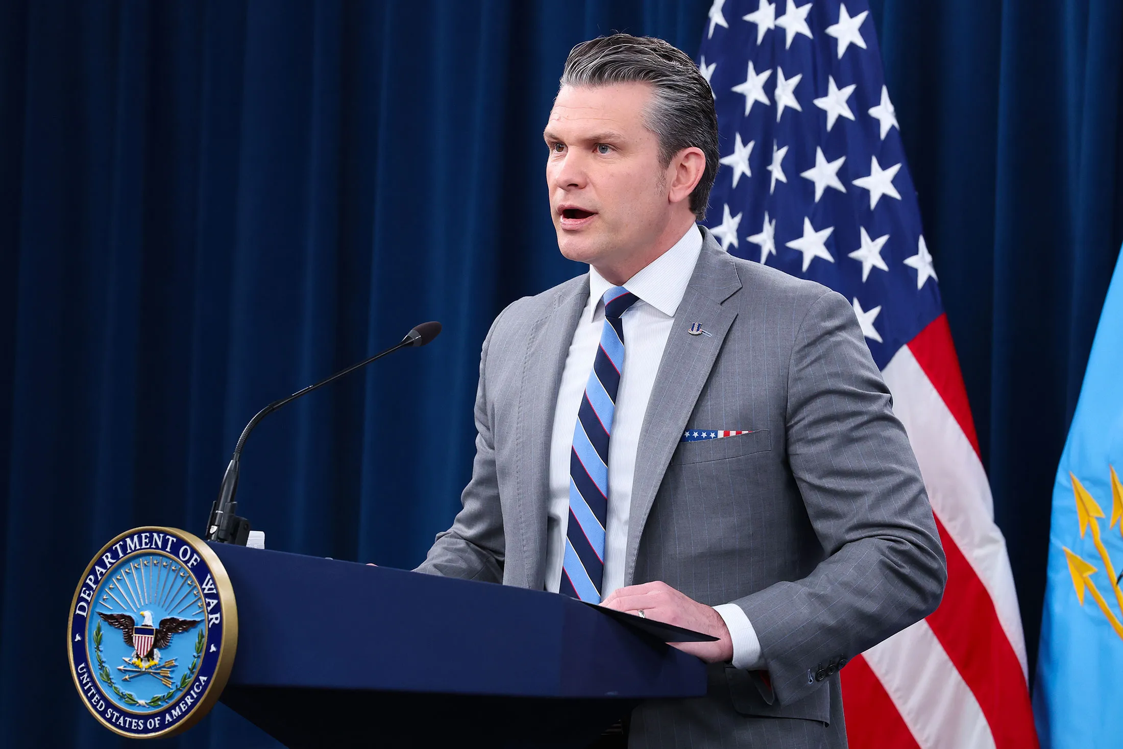 Pete Hegseth speaks during a briefing at the Pentagon on April 24.