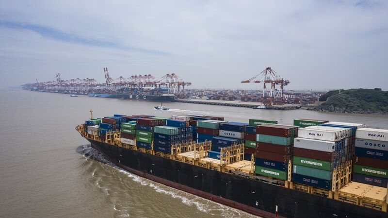 A cargo vessel approaches the Yangshan Deepwater Port in Shanghai.
