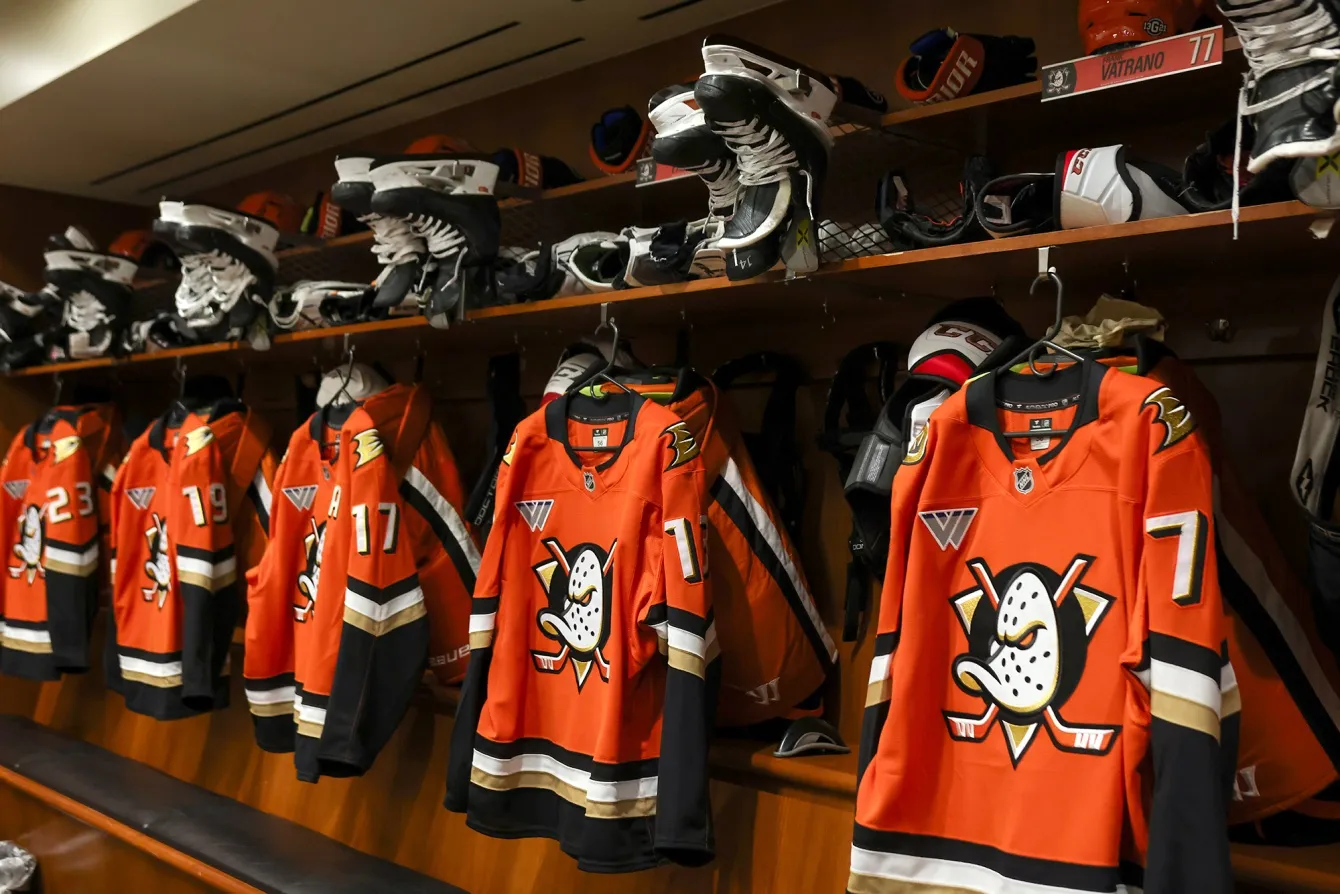 The Anaheim Ducks locker room in Anaheim, California.