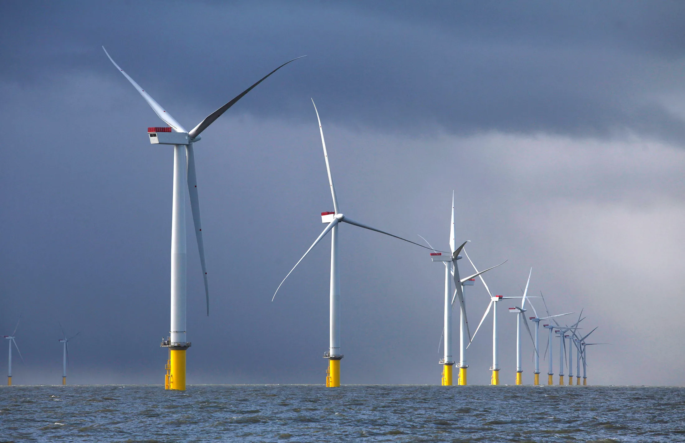 Wind turbines at the London Array project, the world's largest consented wind farm, the Thames Estuary, U.K.
