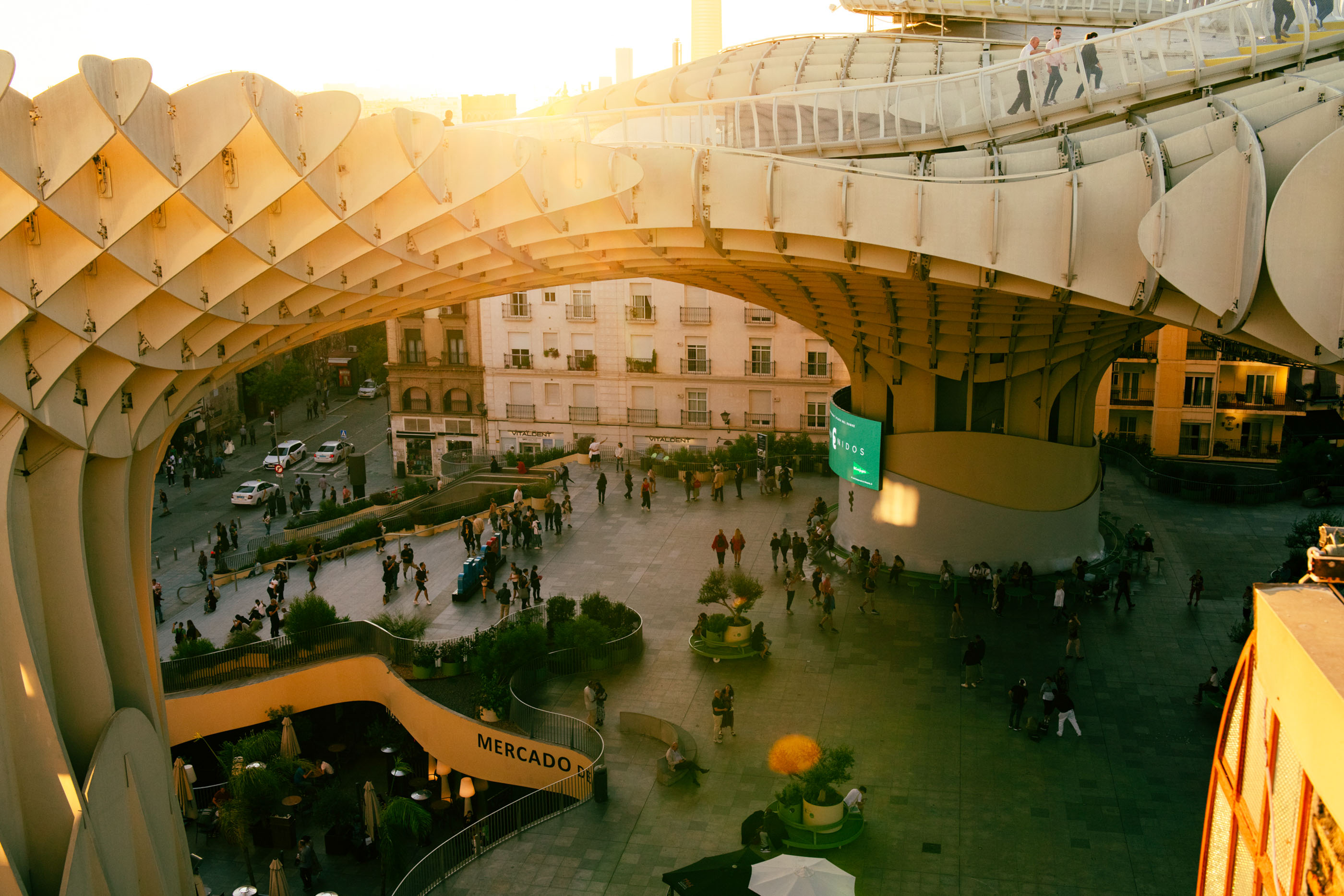 Locals and travelers walk through various levels of Metropol Parasol, mushroom-like formations that contain elevated walkways in Seville.