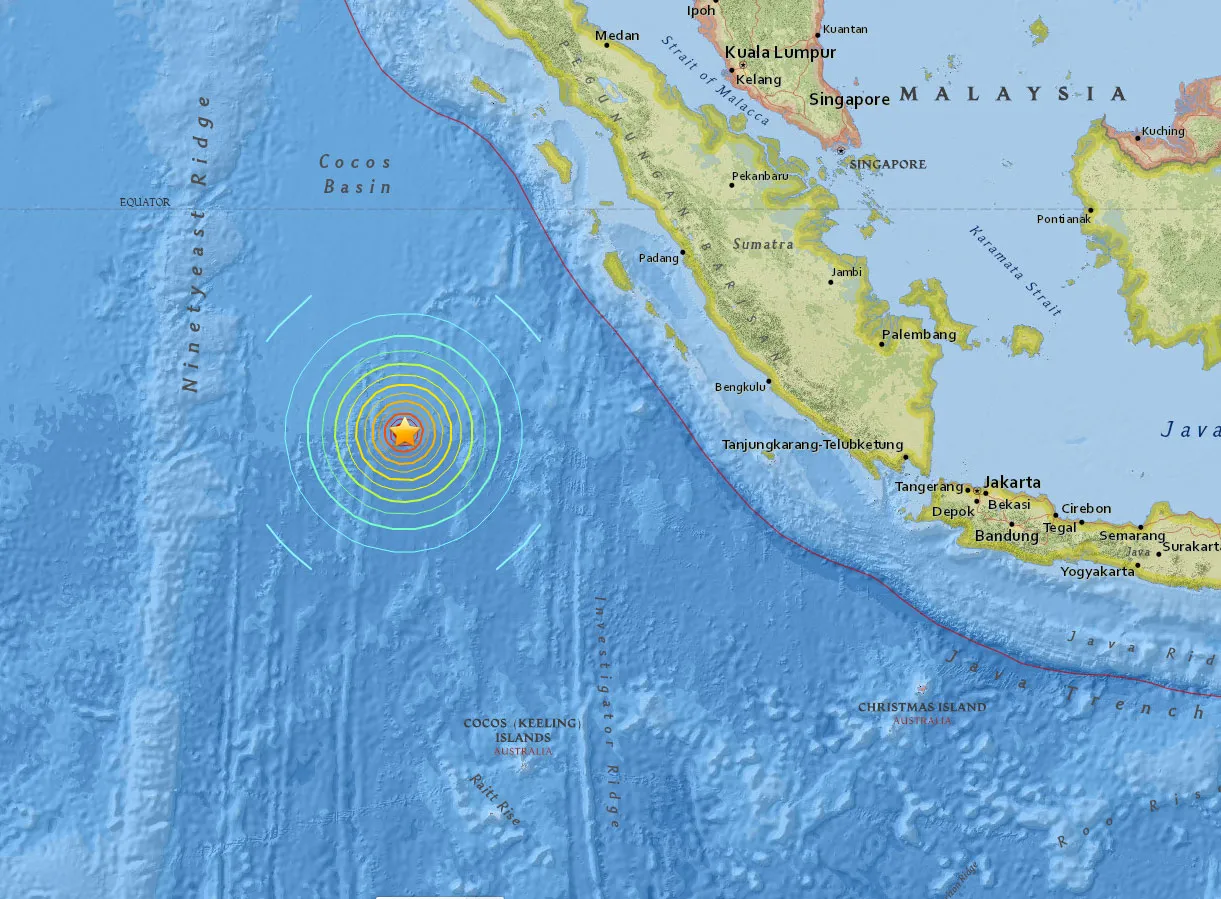 The U.S. Geological Survey said the epicenter was about 500 miles west-southwest of Padang, Indonesia and 529 miles north-northwest of the Cocos Islands.
