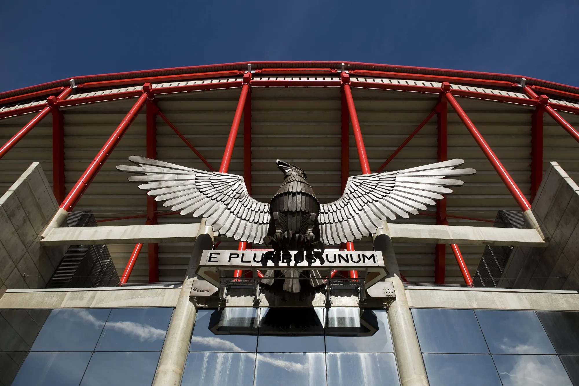 A Benfica eagle sits on display above the entrance to the Estádio da Luz stadium in Lisbon, Portugal.