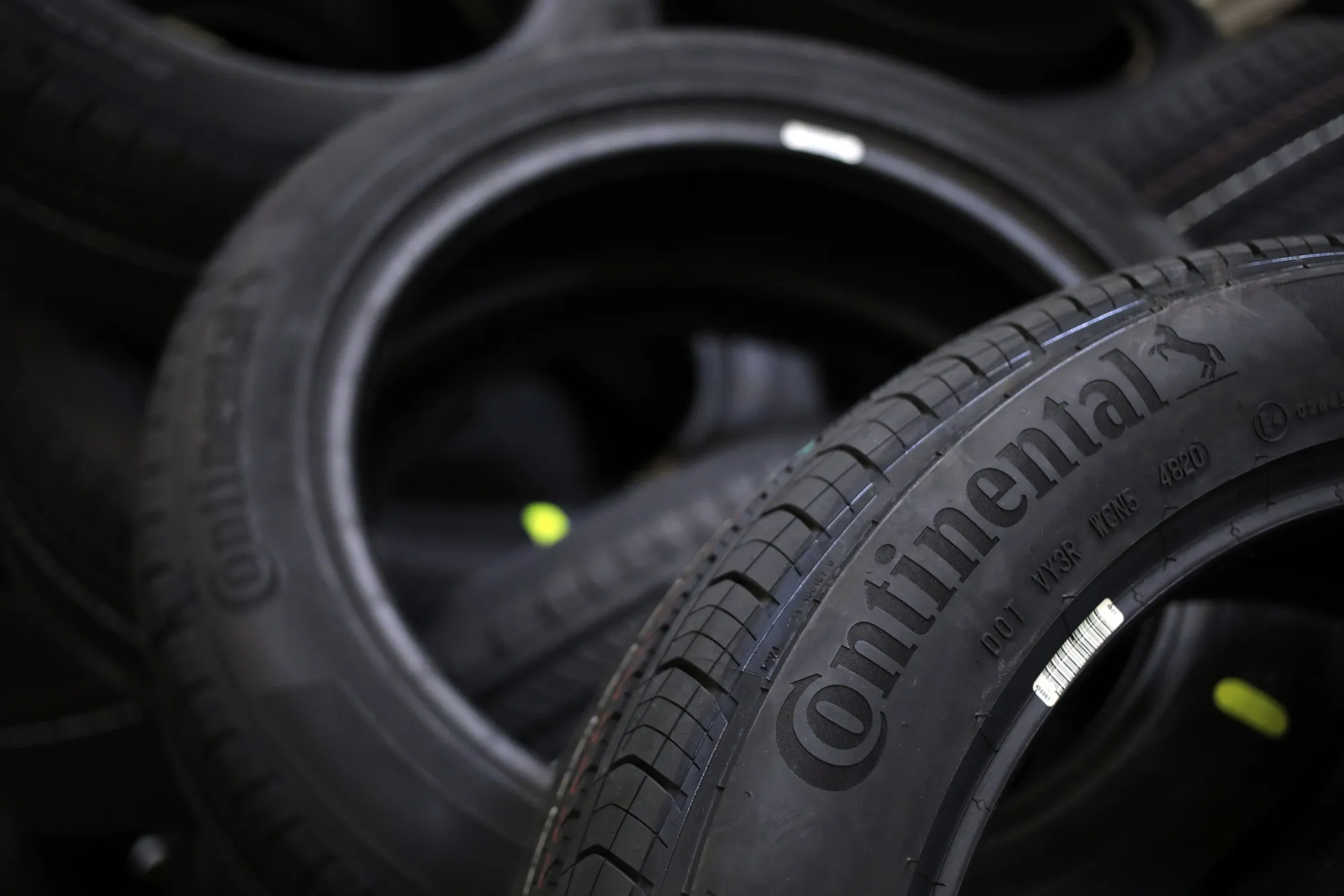 Automotive tires stacked at the Continental Tire distribution center in Sumter, South Carolina, U.S.