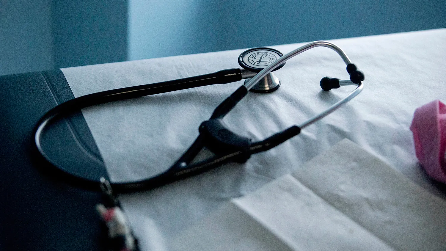 A stethoscope sits on an examination table in an exam room at a Community Clinic Inc. health center in Takoma Park, Maryland, on April 8, 2015.
