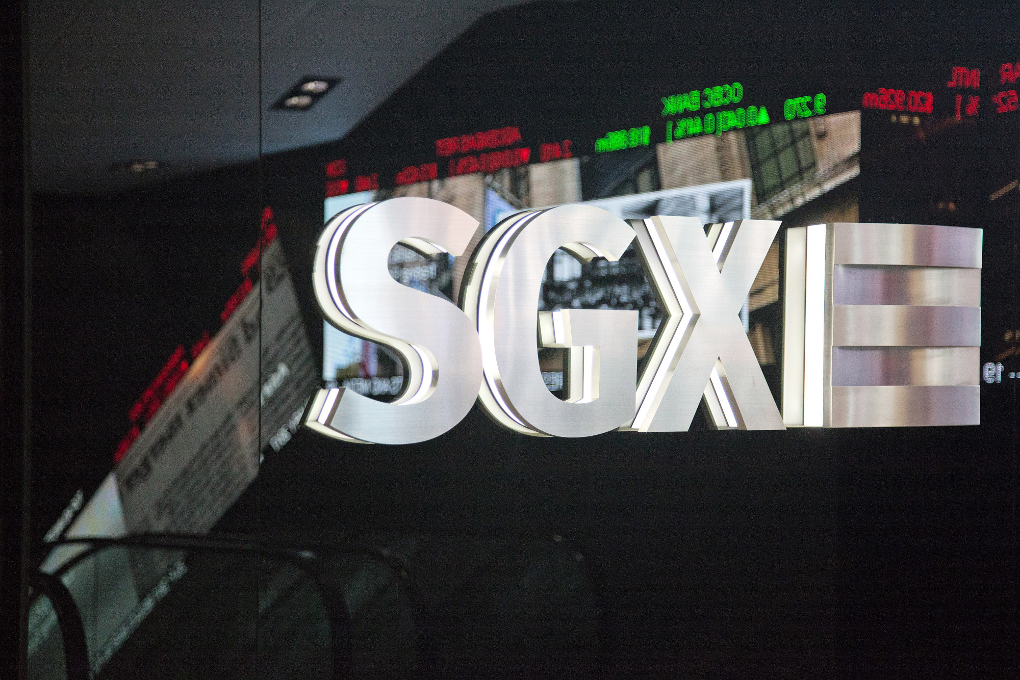 Singapore Exchange Ltd.&nbsp;signage stands inside the bourse's headquarters in Singapore.