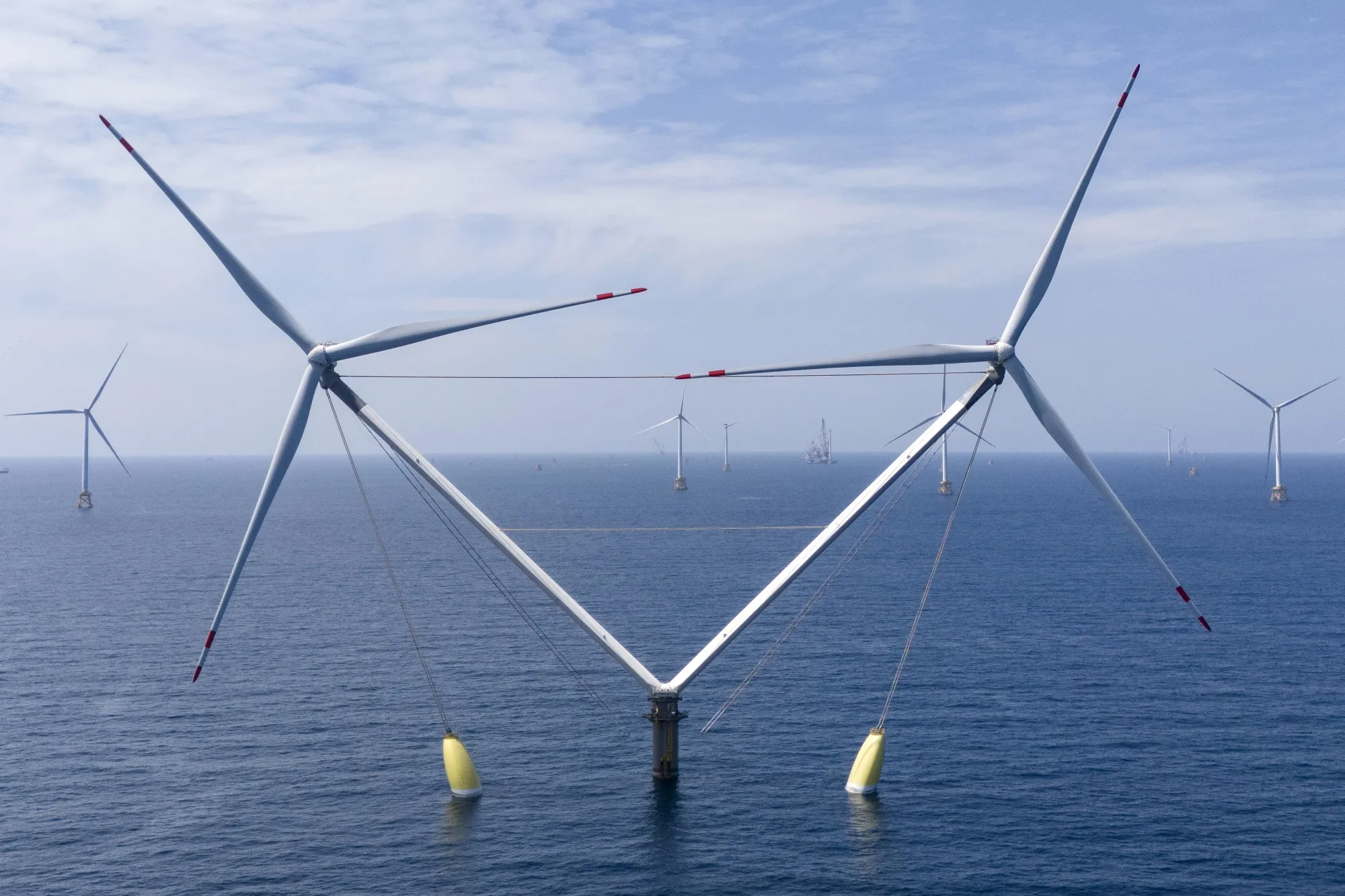 A two-headed wind turbine at sea off Yangjiang, in southern China.