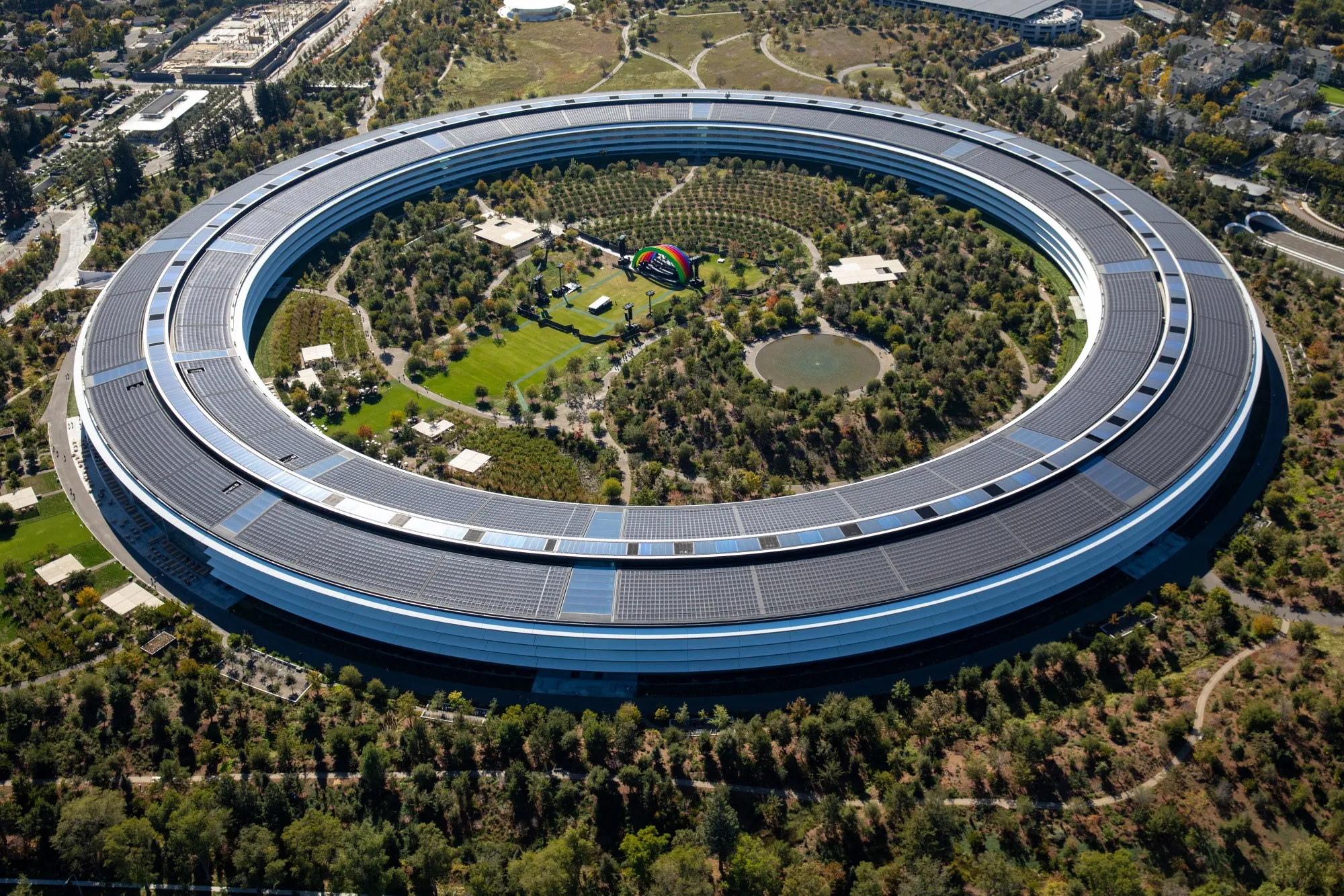 The Apple Park campus, where significant developments in Apple's AI initiatives are taking place. Photographer: Sam Hall/Bloomberg