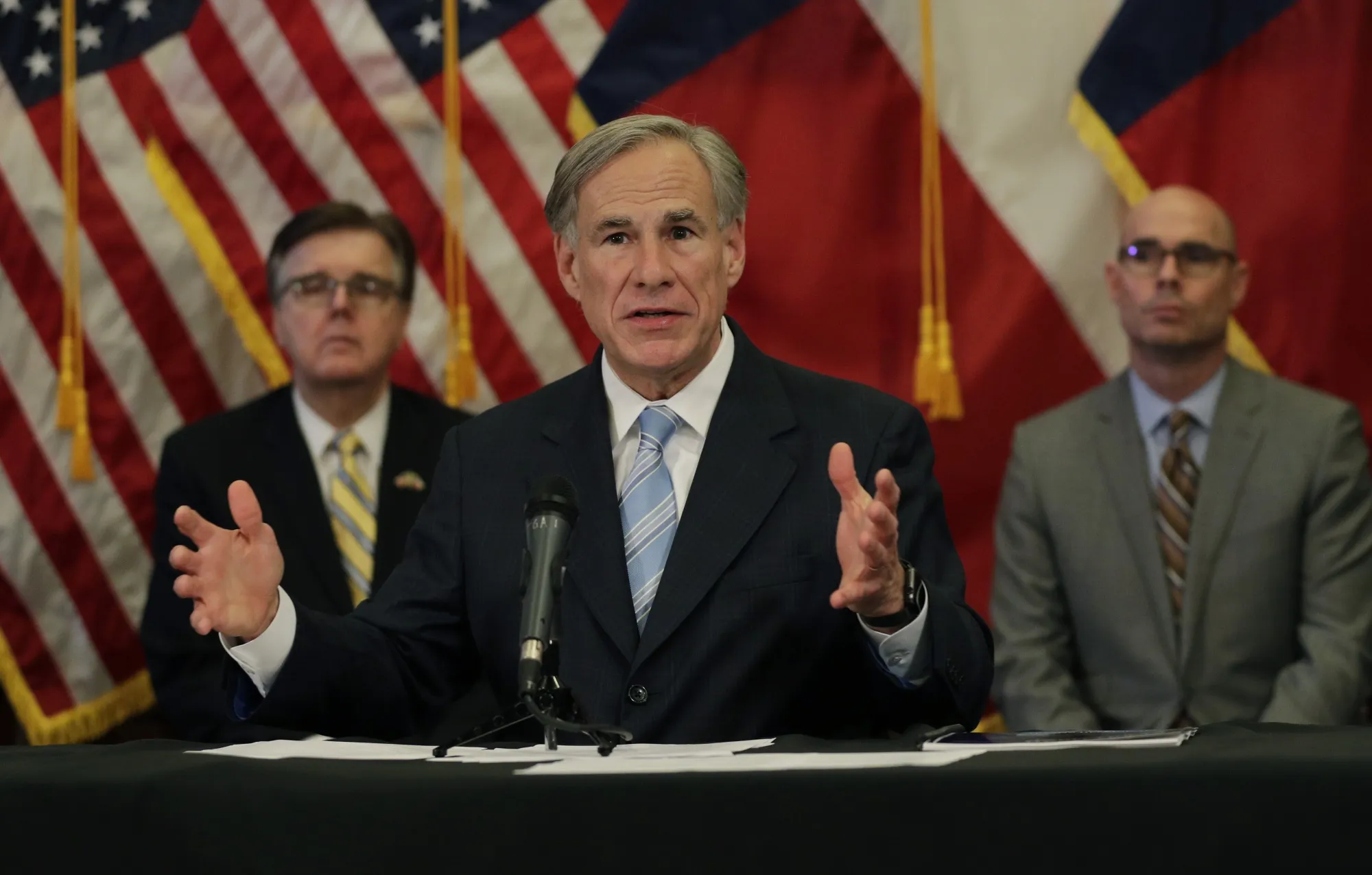 Greg Abbott speaks during a news conference in Austin on April 27.