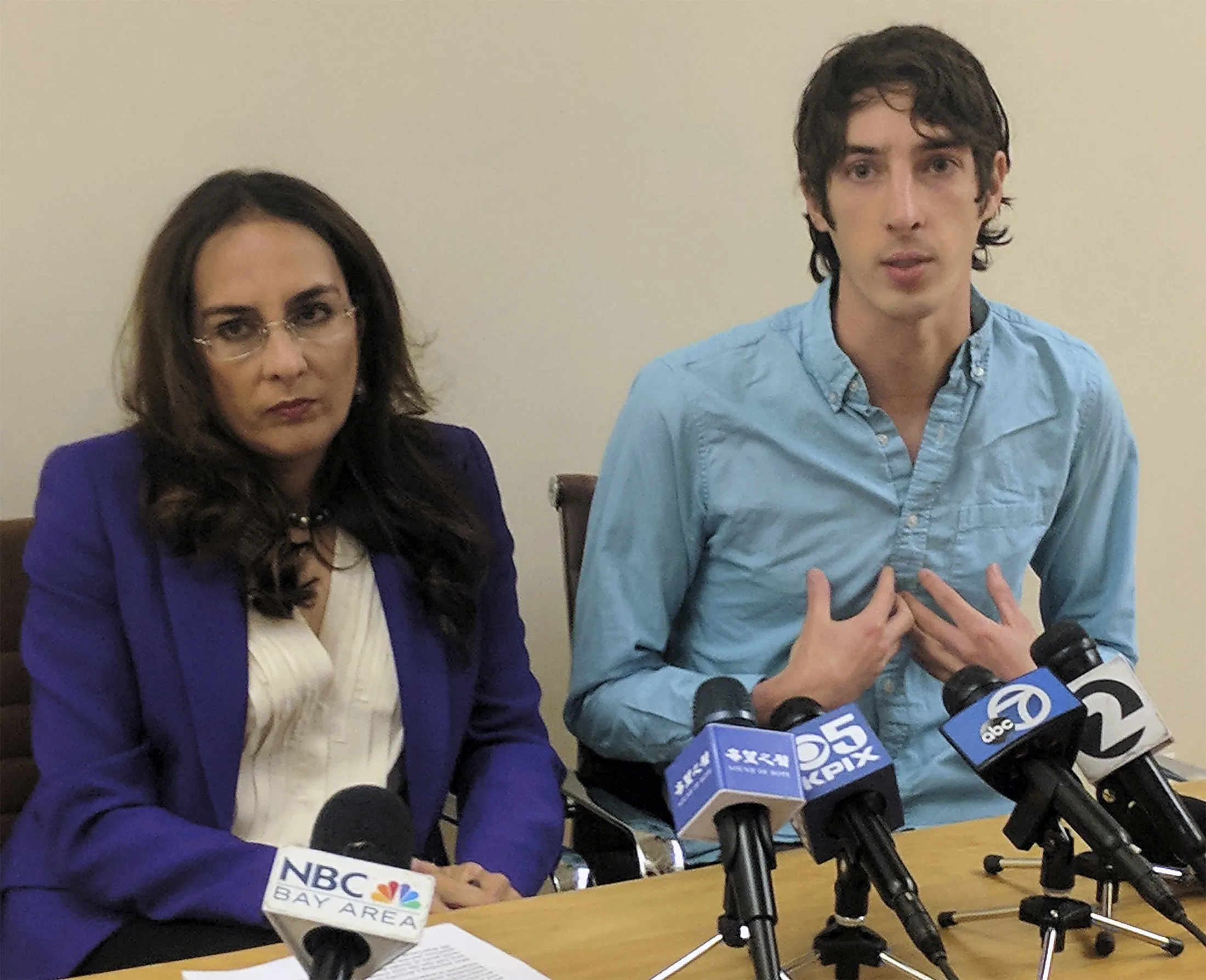 James Damore, right, speaks at a news conference with his attorney, Harmeet Dhillon, on Jan. 8,&nbsp;in San Francisco.