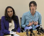James Damore, right, speaks at a news conference with his attorney, Harmeet Dhillon, on Jan. 8,&nbsp;in San Francisco.