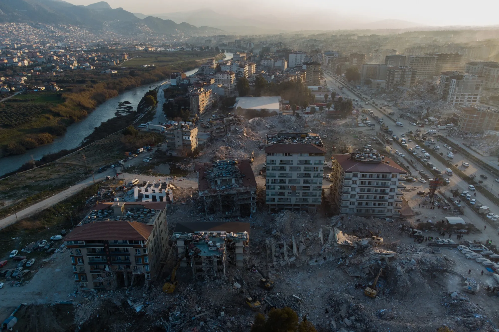 Collapsed and damaged residential buildings in Hatay, Turkey.