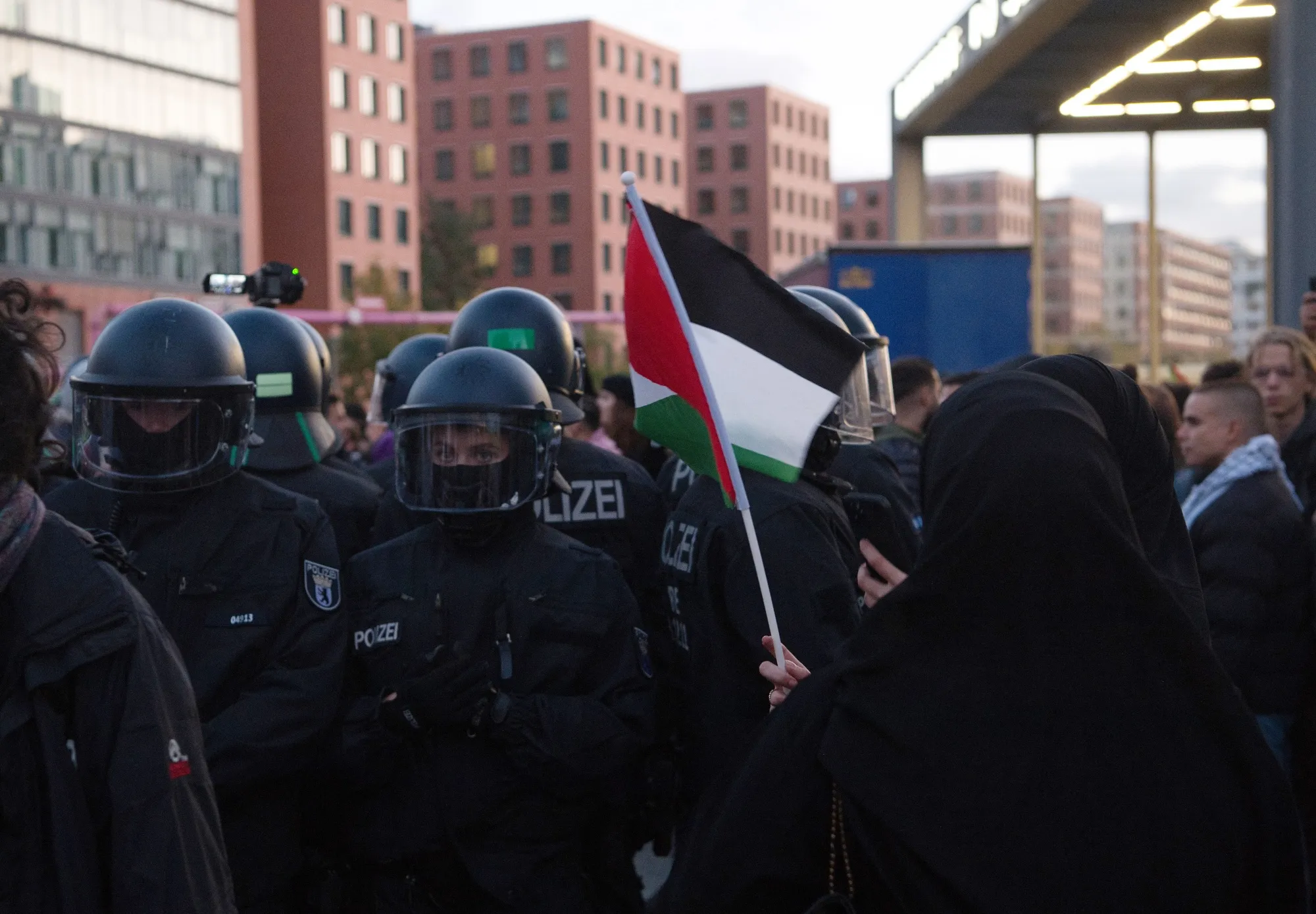 German police at a banned pro-Palestine demonstration on&nbsp;Potsdamer Platz in Berlin, on Oct. 15.&nbsp;