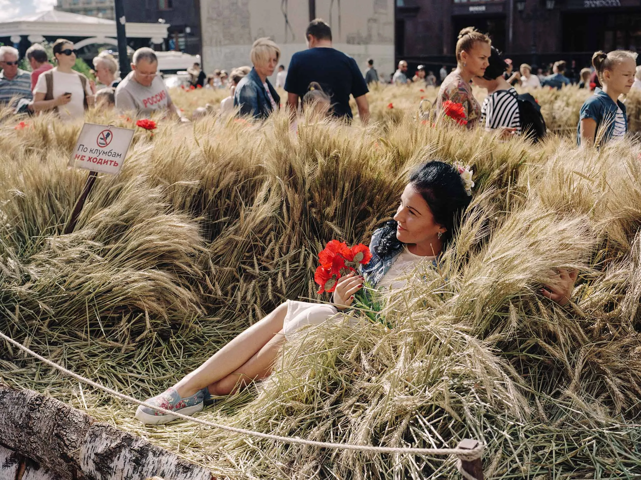 An installation from the Flower Jam Festival at Revolution Square, one of a series of public art events celebrating the seasons.