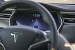 A dashboard monitor displays the lane-keeping feature during hands-free test drive in a Tesla Motors Inc. Model S electric automobile.