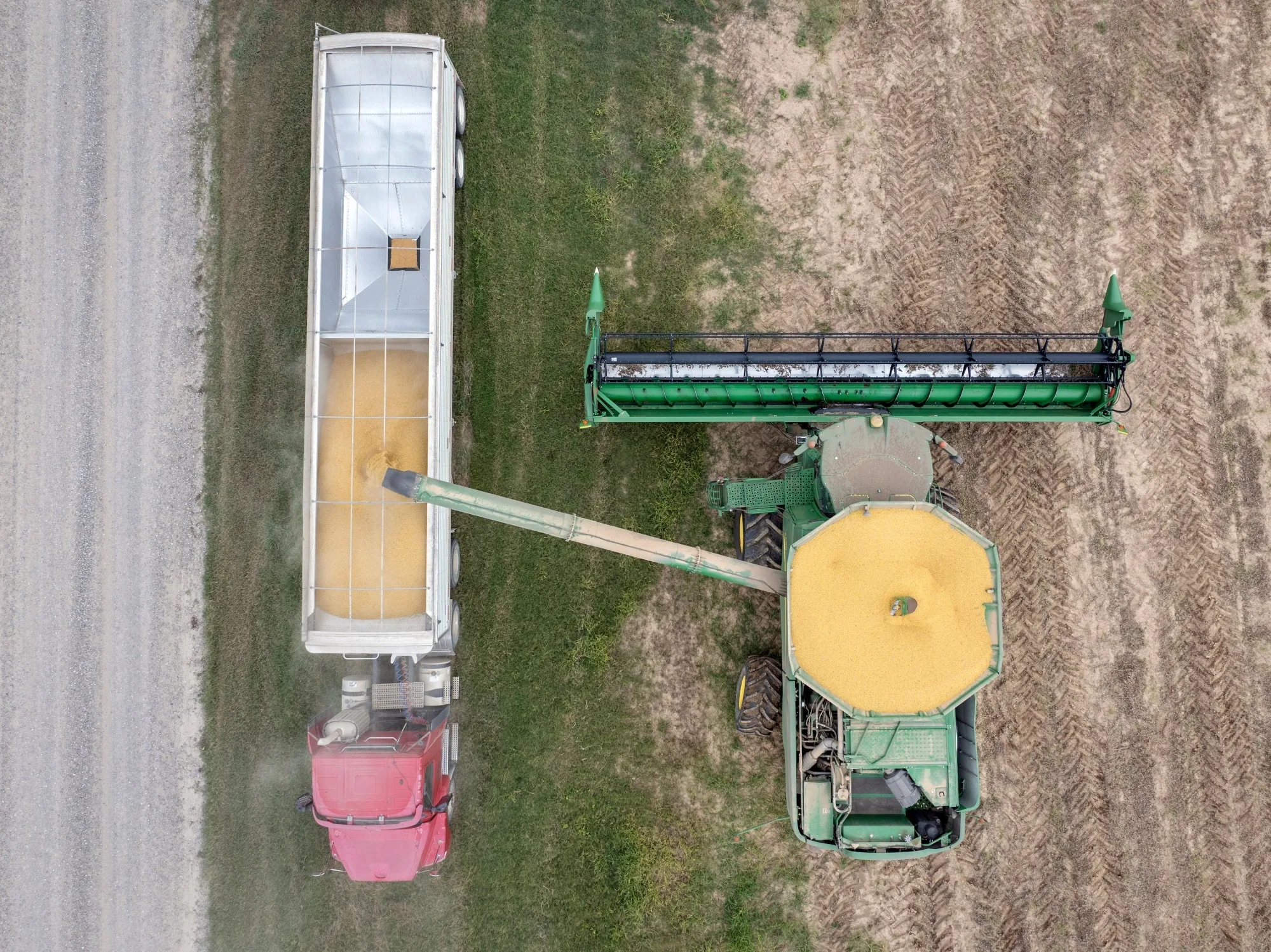 A combine deposits harvested soybeans into a grain truck on a farm near Gregory, Arkansas, US.