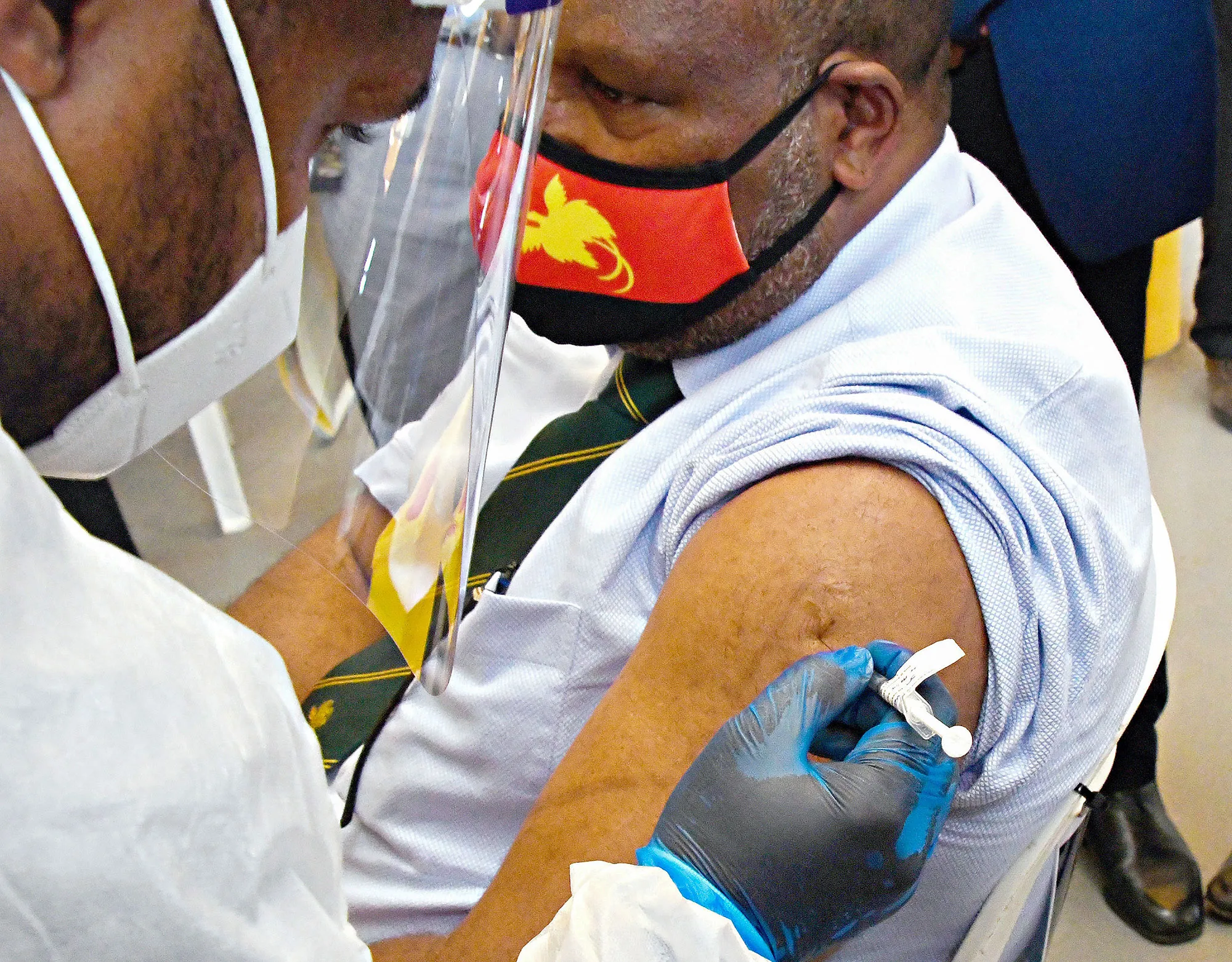 Papua New Guinea's prime minister James Marape receives&nbsp;a dose of the AstraZeneca Covid-19 vaccine in Port Moresby.&nbsp;