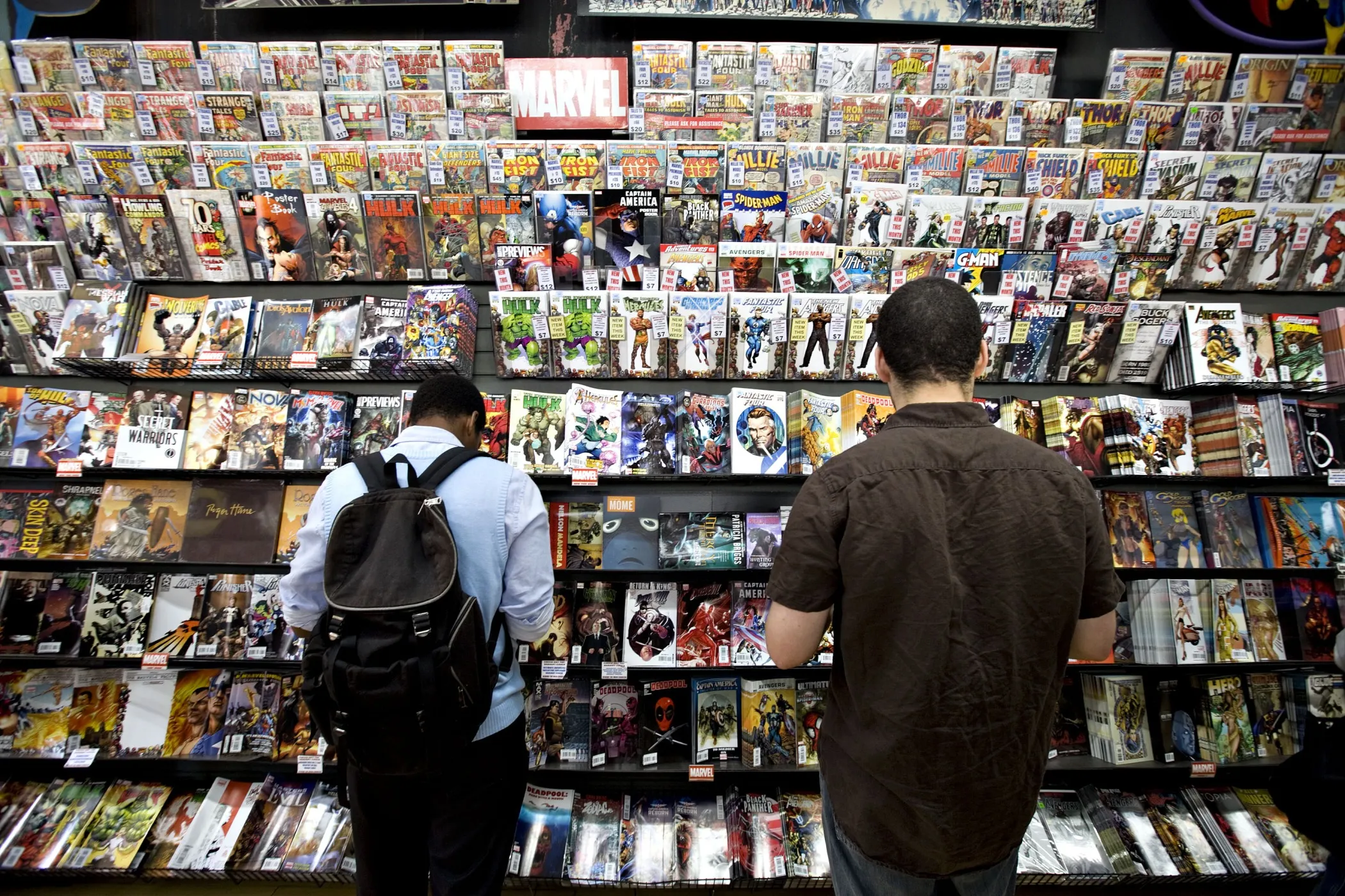 Marvel comic books at a store in New York.