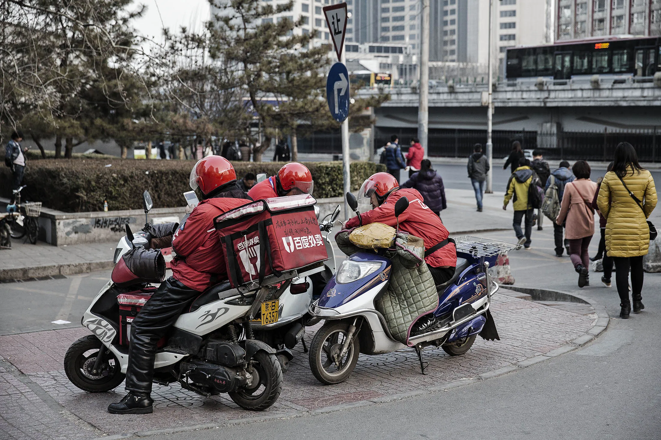 Riders for Baidu's Waimai food delivery service in Beijing.
