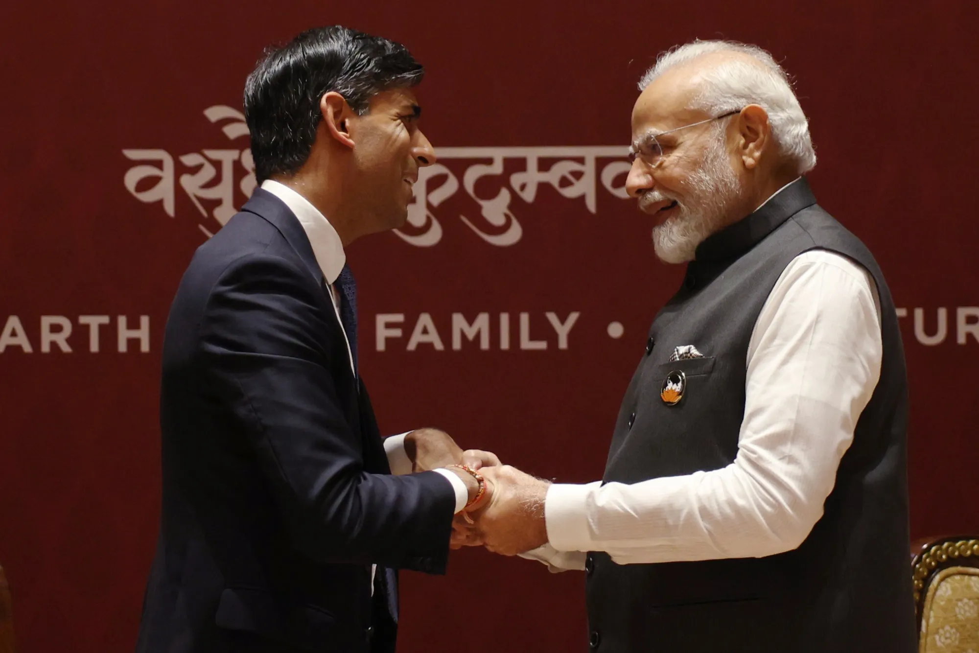 Narendra Modi of India holds a bilateral meeting with British Prime Minister Rishi Sunak during the G20 Leaders' Summit on Sept.&nbsp;9.