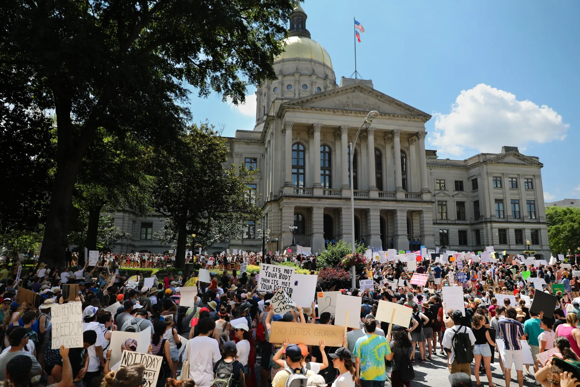 Demonstrators&nbsp;protest against Georgia's "heartbeat" abortion bill outside of the Georgia State Capitol building in Atlanta,&nbsp;in 2019.&nbsp;