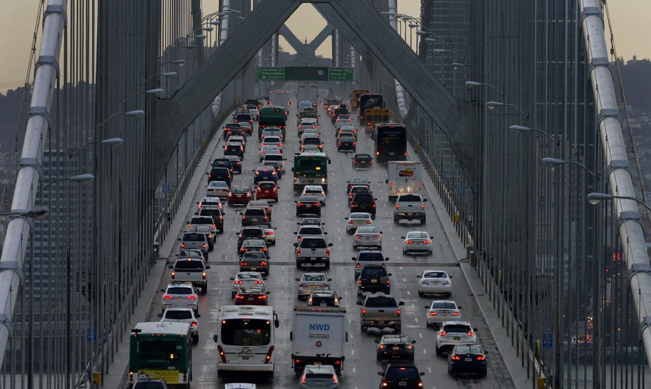 Traffic over the Bay Bridge heading into San Francisco.
