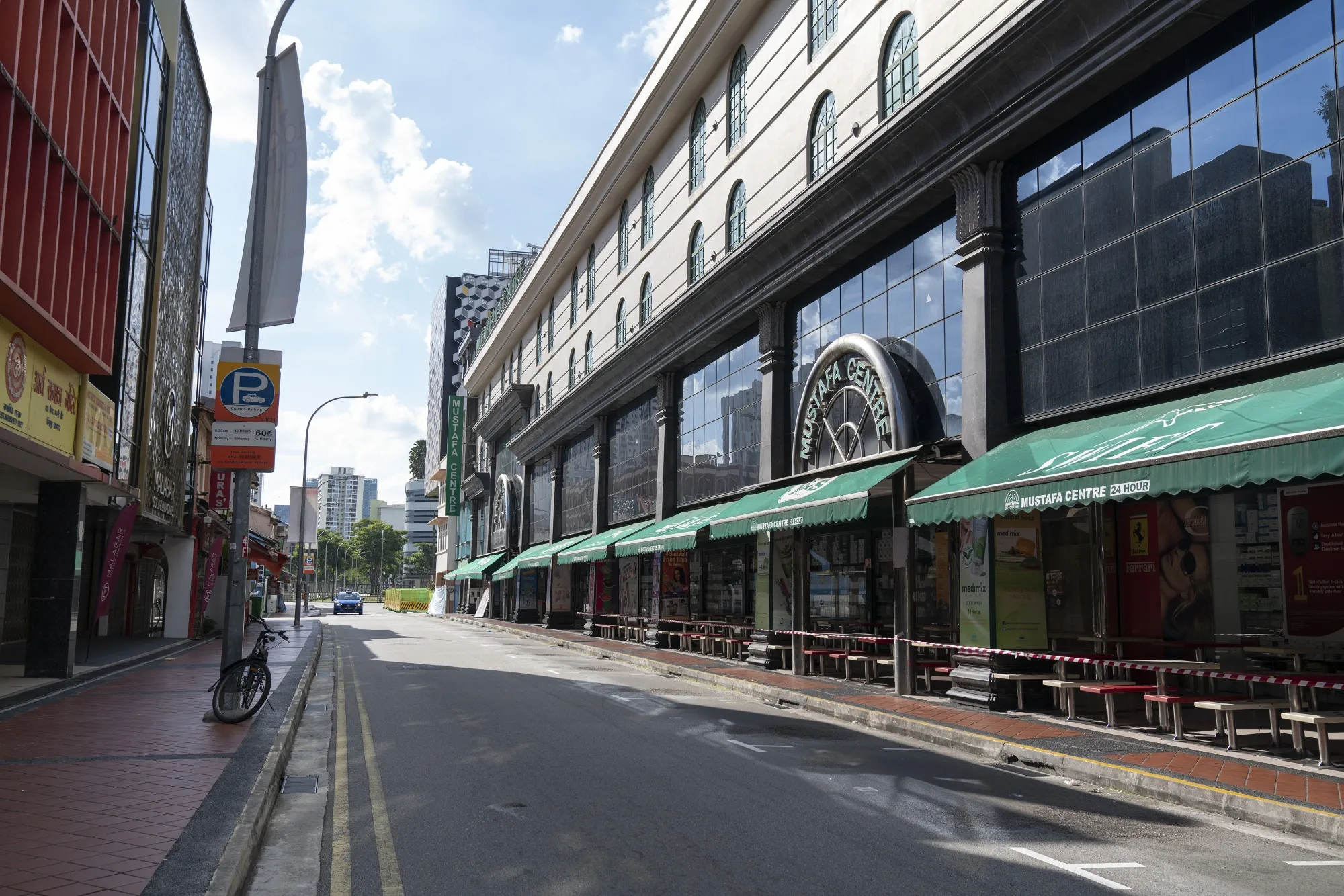 Seating in front of Mustafa Centre is cordoned off, in Singapore on April 20, 2020.