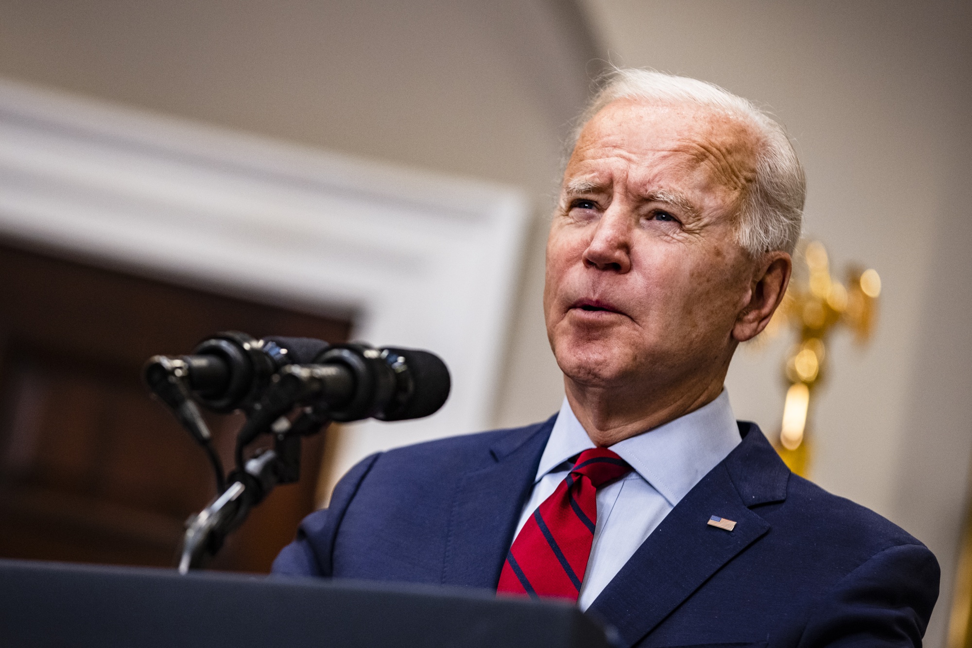 U.S. President Joe Biden speaks in the Roosevelt Room of the White House on Feb. 27, 2021.
