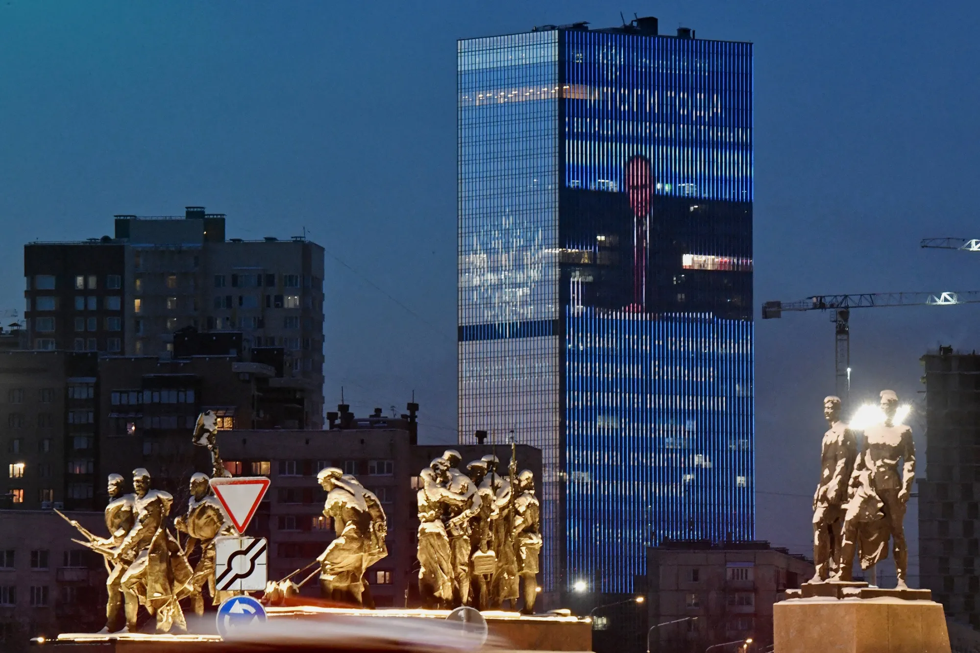 An image of Vladimir Putin on the Leader Tower in St. Petersburg, on Jan. 4.