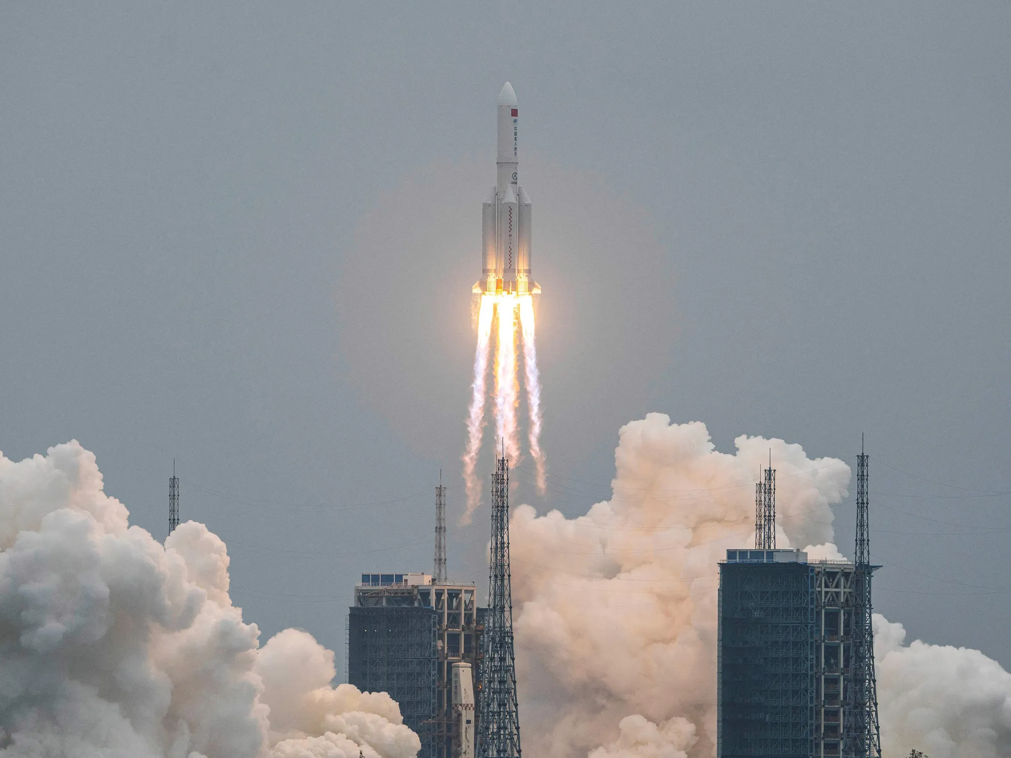 The Long March 5B rocket carrying the Tianhe space station core module, lifts off from the Wenchang Space Launch Center on April 29.
