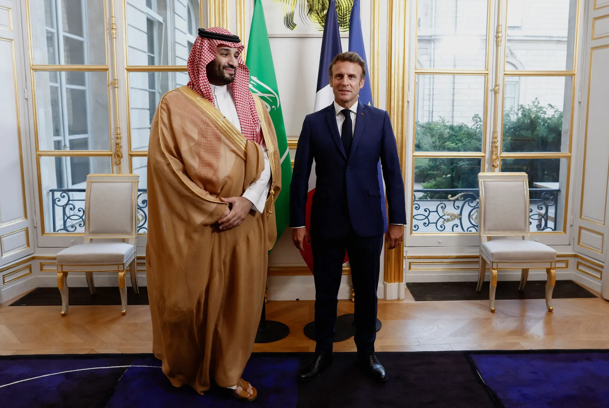 Mohammed bin Salman and Emmanuel Macron in Paris on July 28.