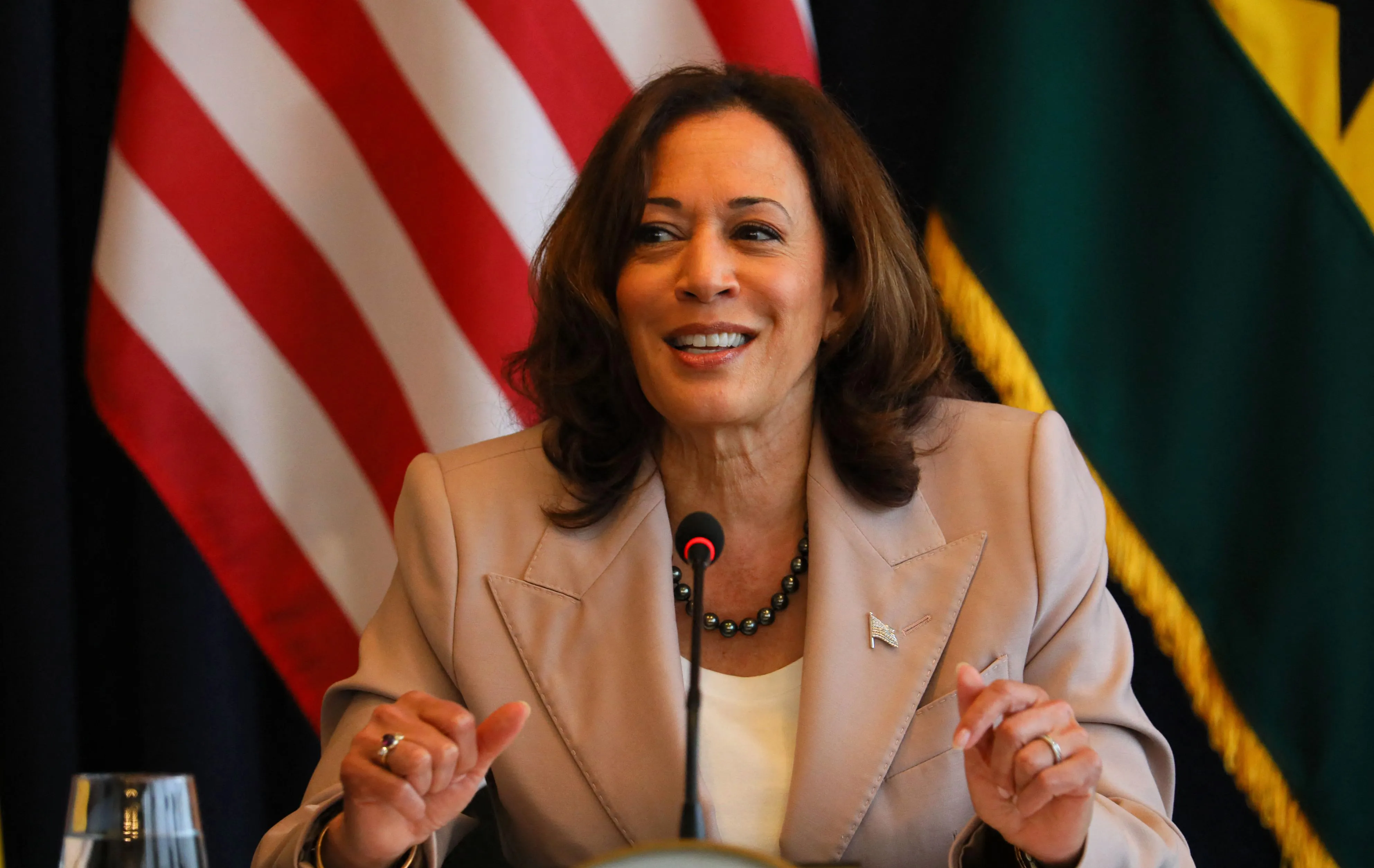 Kamala Harris speaks at a meeting with Ghanaian women entrepreneurs&nbsp;in Accra, Ghana, on March 29.